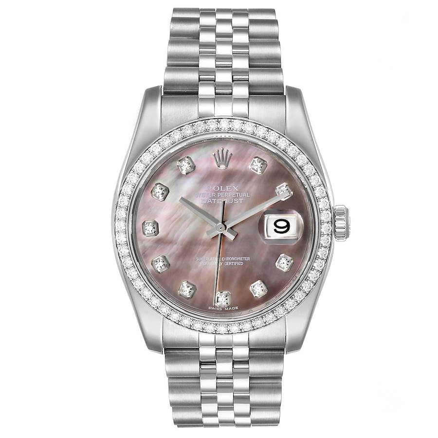 Rolex Datejust Black MOP Diamond Dial Bezel Steel Mens Watch 116244 Box ...