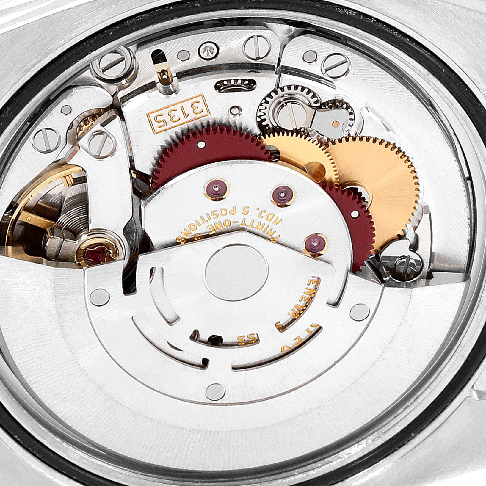 This image shows an inside view of the Rolex Datejust 116244 Men's Stainless Steel Mother of Pearl Dial 116244 Men's Stainless Steel Mother of Pearl Dial watch's movement and internal components at a close angle.