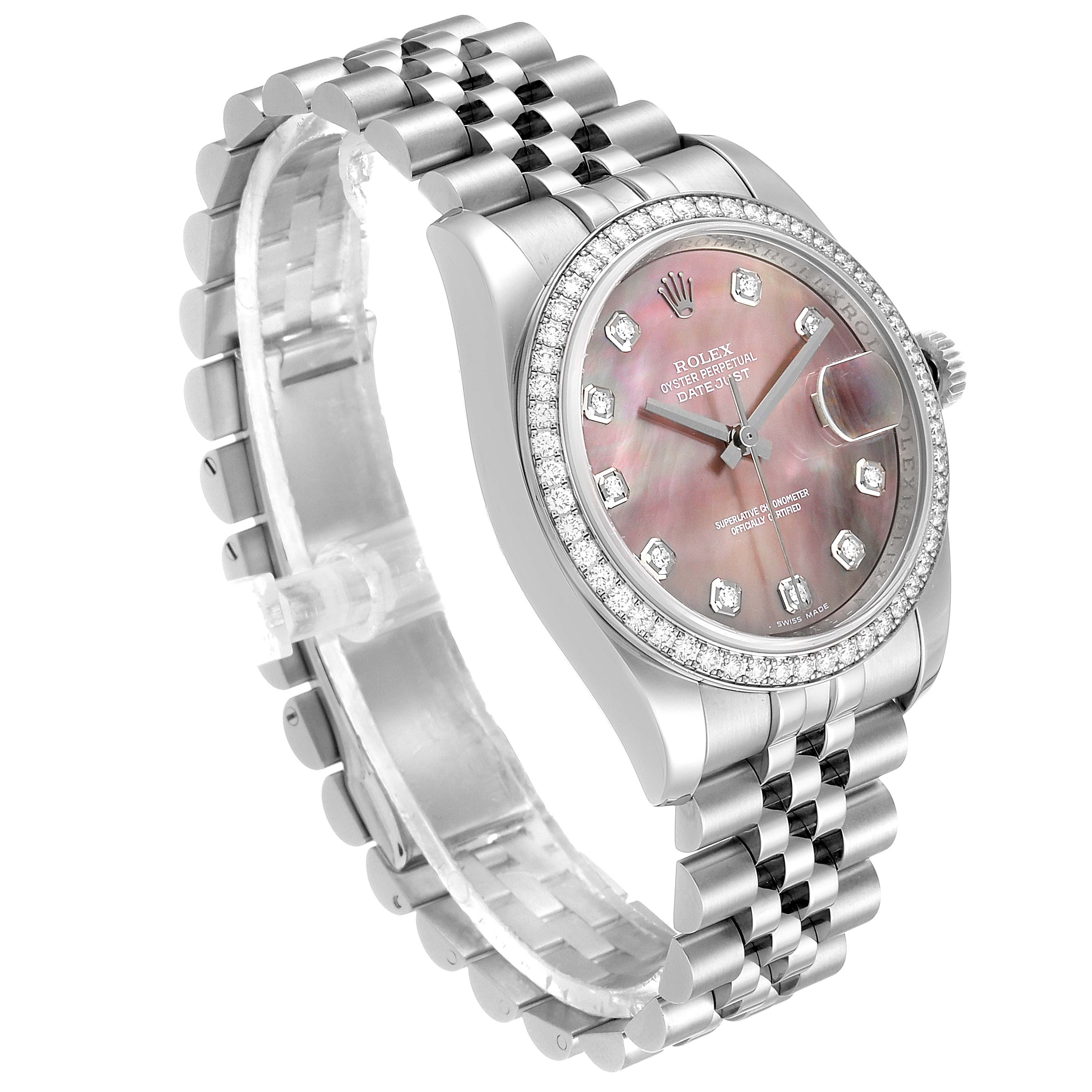The image shows a Rolex Datejust 116244 Men's Stainless Steel Mother of Pearl Dial 116244 Men's Stainless Steel Mother of Pearl Dial watch at an angled side view, highlighting its metal bracelet, bejeweled bezel, and mother-of-pearl dial.