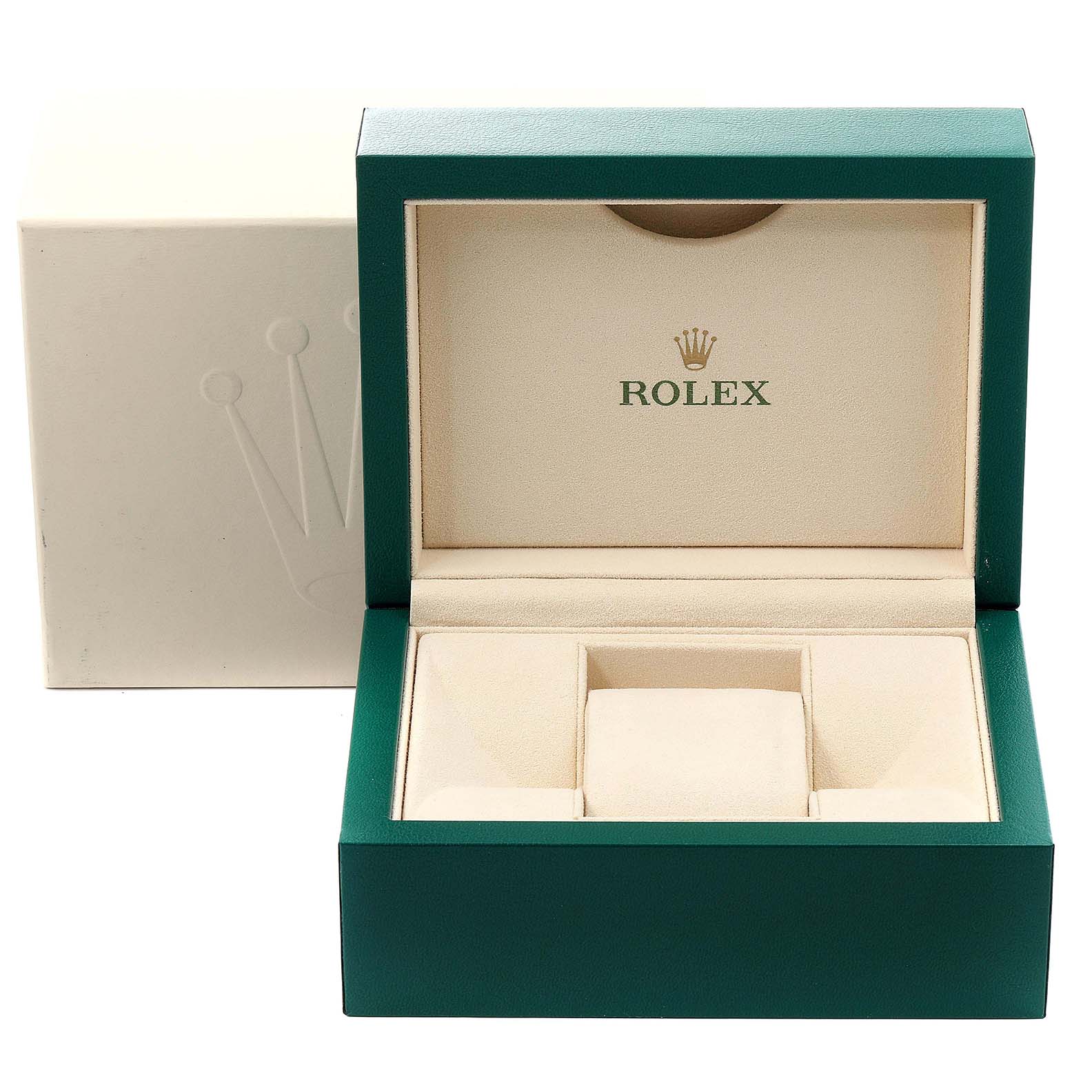The image shows an open green Rolex Datejust 116244 Men's Stainless Steel Mother of Pearl Dial 116244 Men's Stainless Steel Mother of Pearl Dial watch box with a cream interior and the Rolex logo inside.