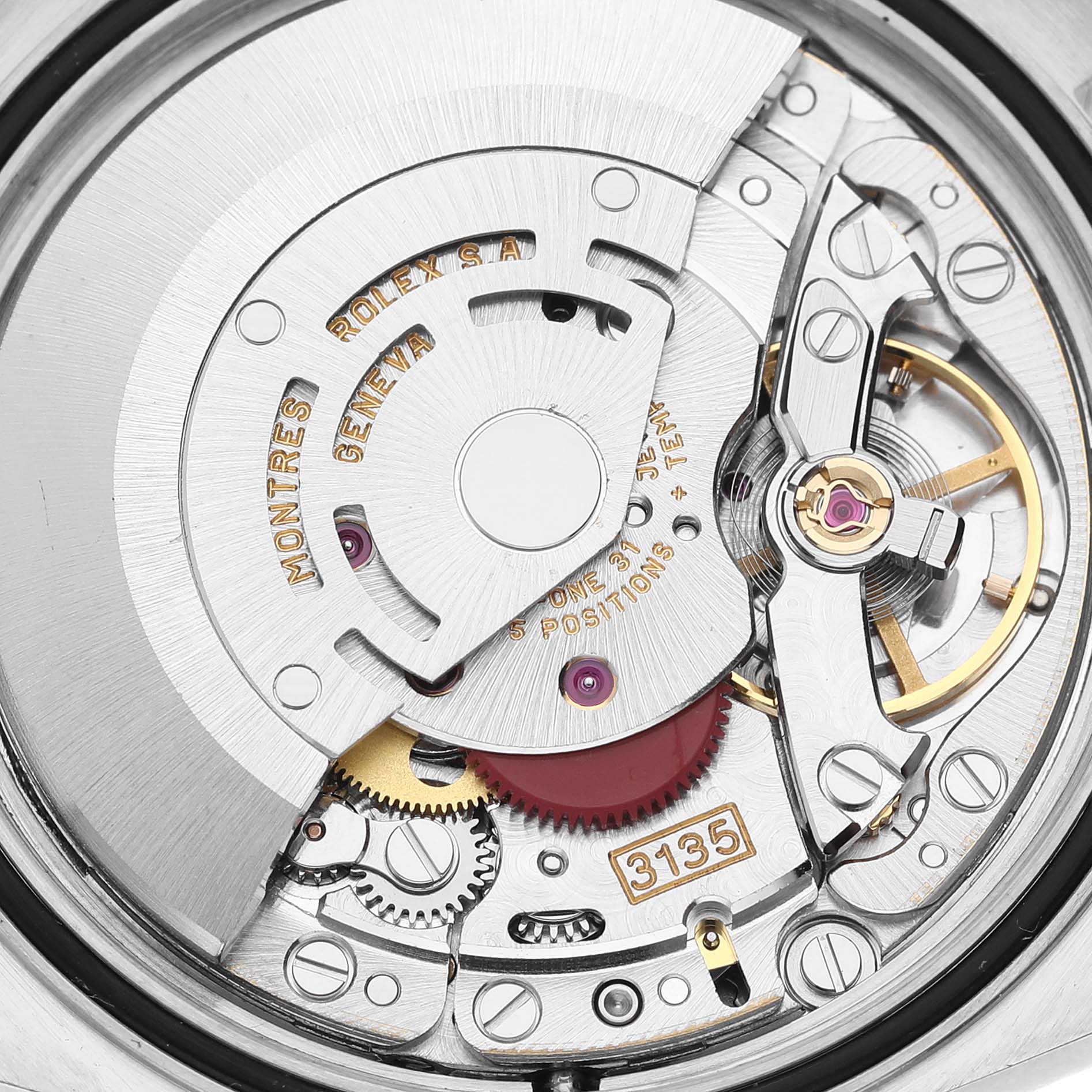 The image shows an internal view of the Rolex Datejust 16233 Men's Steel and Gold (two tone) Champagne Dial 16233 Men's Steel and Gold (two tone) Champagne Dial watch movement components at an angle highlighting the intricate mechanics.