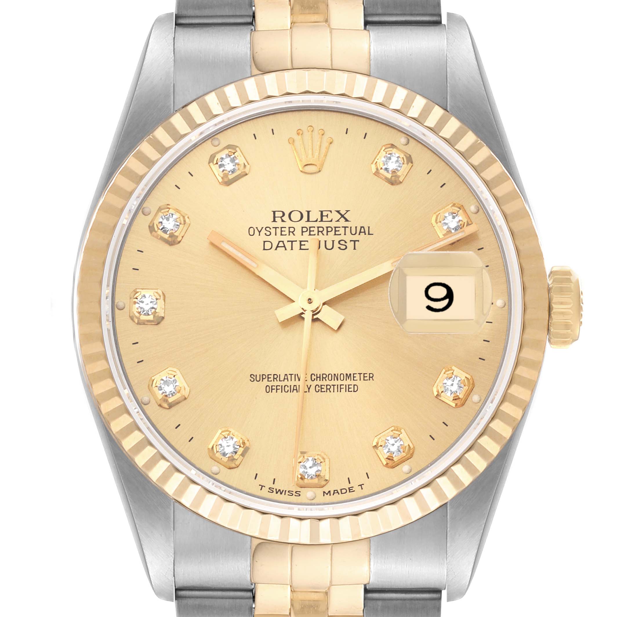 This is a close-up view of a Rolex Datejust 16233 Men's Steel and Gold (two tone) Champagne Dial 16233 Men's Steel and Gold (two tone) Champagne Dial watch showing the face, bezel, crown, and part of the bracelet.