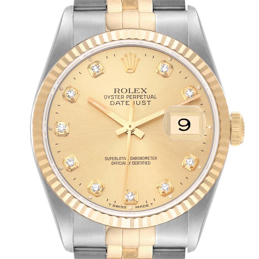 Rolex Datejust Champagne Diamond Dial Steel Yellow Gold Mens Watch 16233 SwissWatchExpo