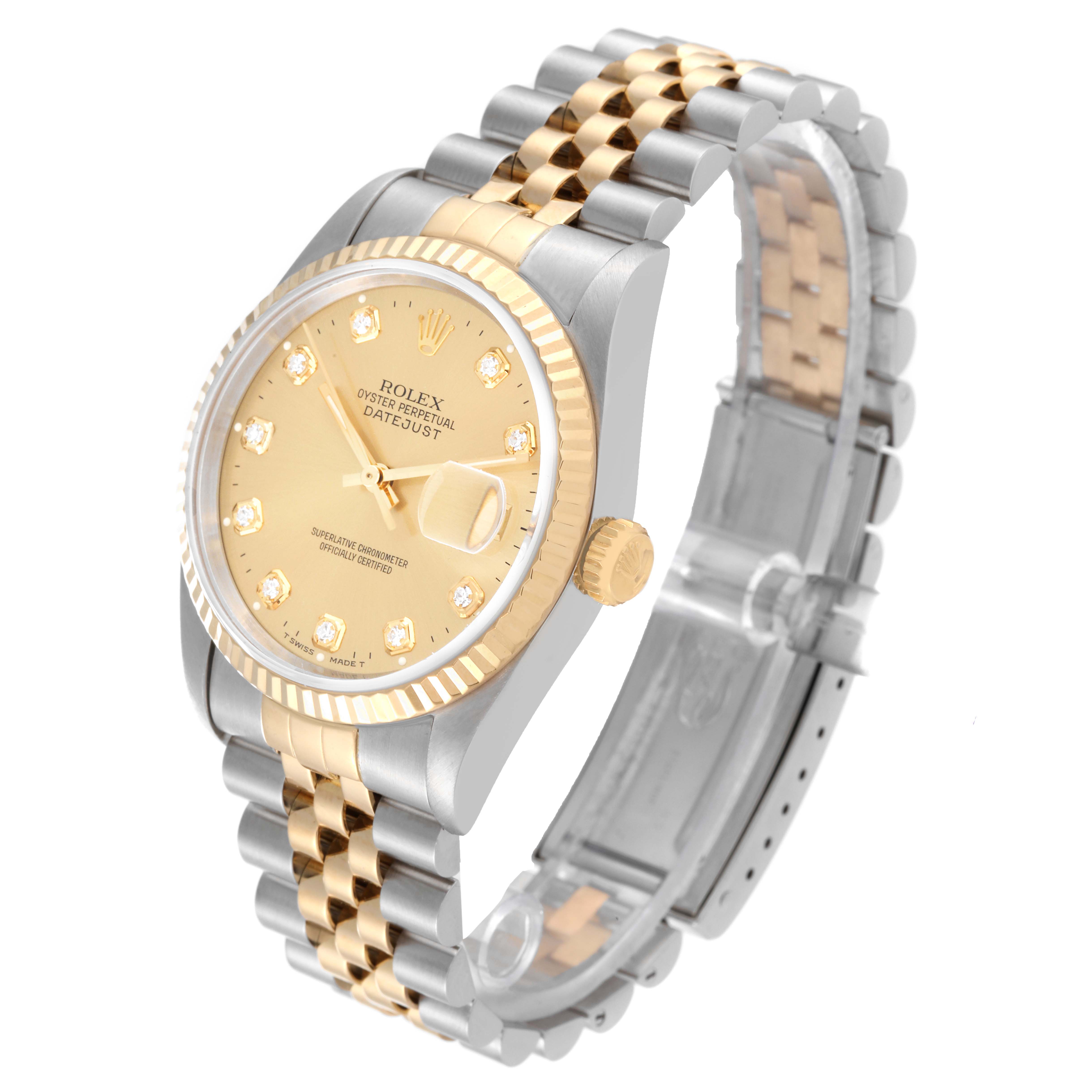 The Rolex Datejust 16233 Men's Steel and Gold (two tone) Champagne Dial 16233 Men's Steel and Gold (two tone) Champagne Dial watch is shown at a three-quarter angle, displaying the face, bezel, crown, and two-tone bracelet.