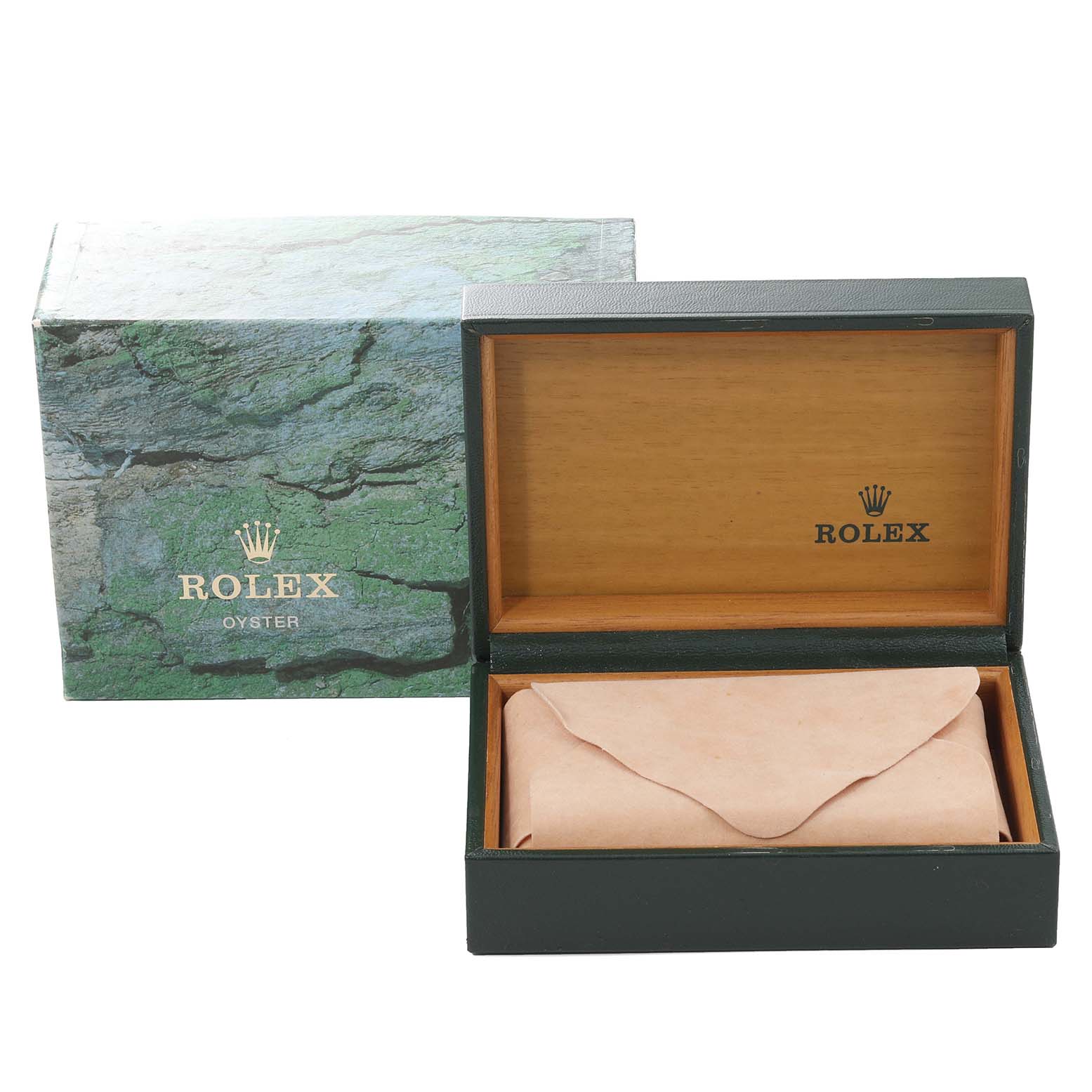 The image shows a Rolex Datejust 16233 Men's Steel and Gold (two tone) Champagne Dial 16233 Men's Steel and Gold (two tone) Champagne Dial watch box with an interior open, revealing a suede pouch, viewed from the front.