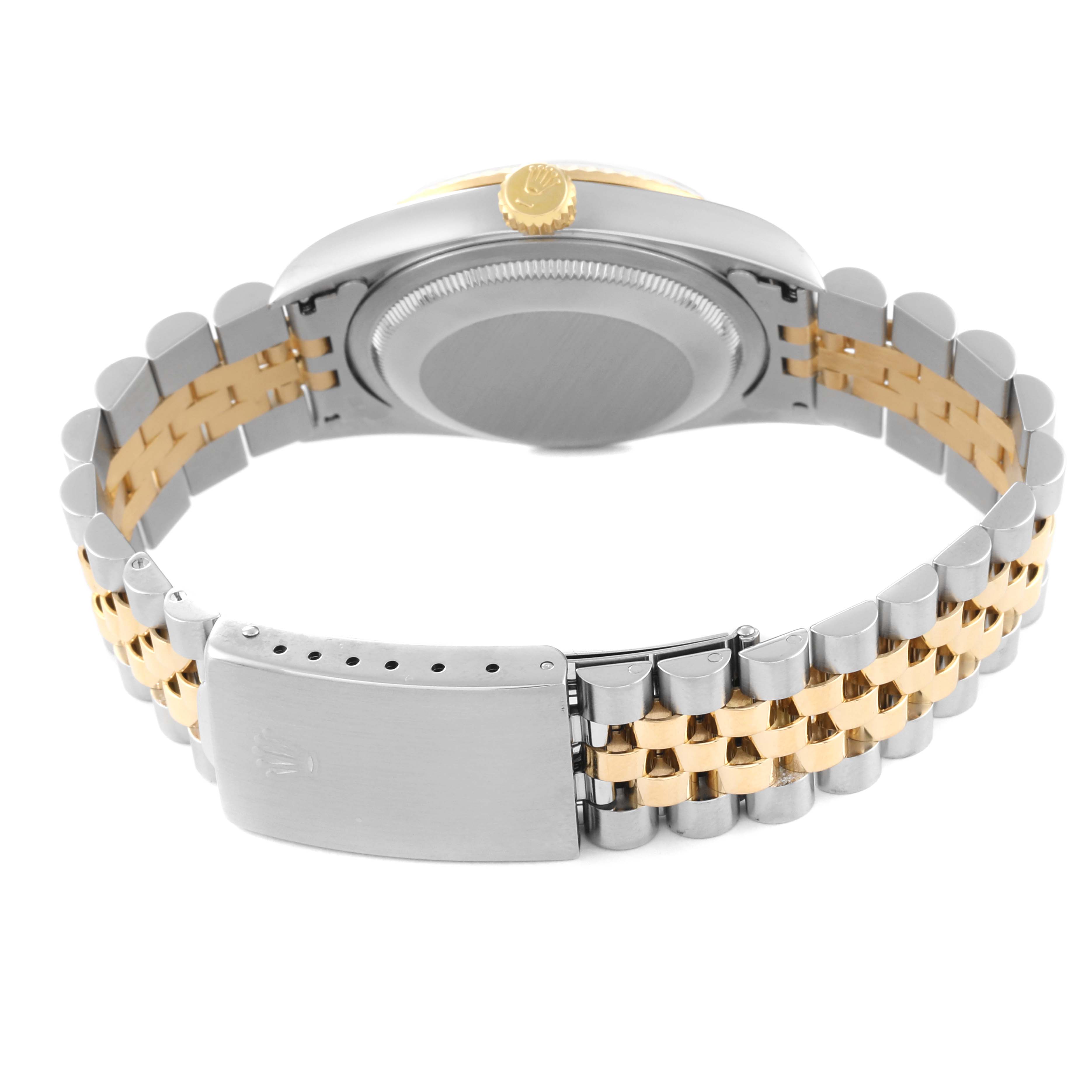 The image shows the back view of a Rolex Datejust 16233 Men's Steel and Gold (two tone) Champagne Dial 16233 Men's Steel and Gold (two tone) Champagne Dial watch, highlighting its stainless steel and gold bracelet with the clasp open.