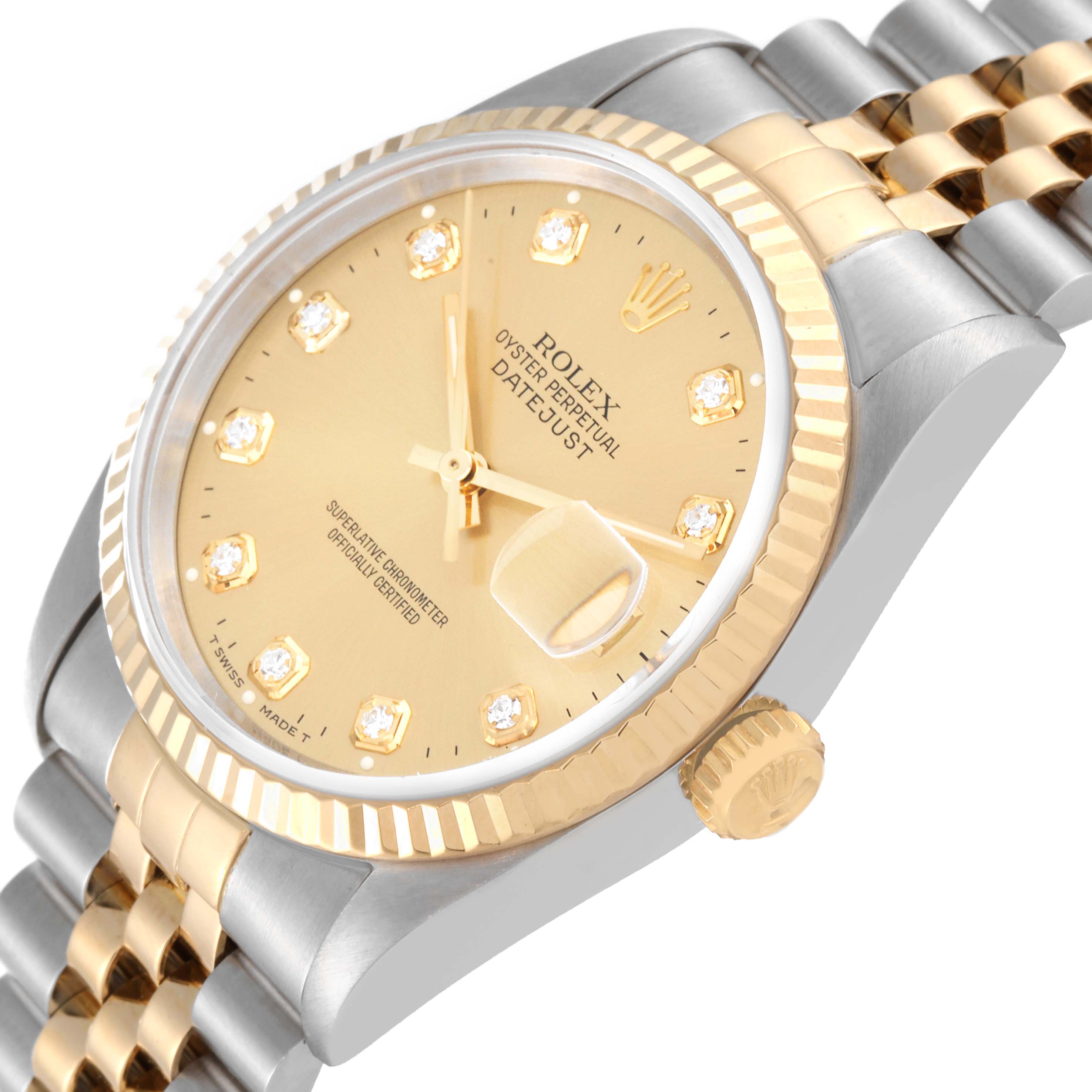 This image shows a close-up of a Rolex Datejust 16233 Men's Steel and Gold (two tone) Champagne Dial 16233 Men's Steel and Gold (two tone) Champagne Dial watch, highlighting the dial, bezel, crown, and part of the bracelet.
