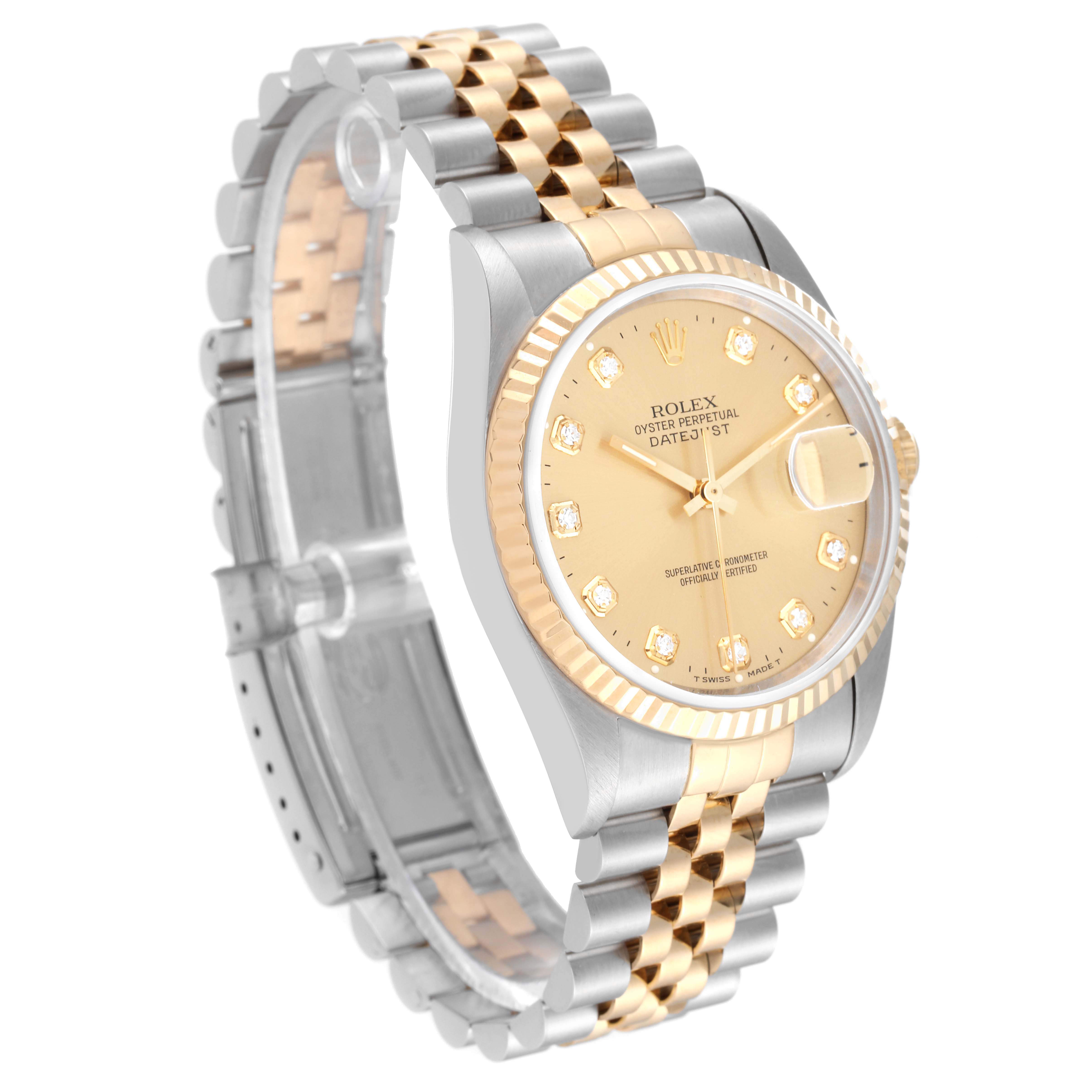 The Rolex Datejust 16233 Men's Steel and Gold (two tone) Champagne Dial 16233 Men's Steel and Gold (two tone) Champagne Dial watch is shown at an angled side view, highlighting its two-tone bracelet and champagne dial.