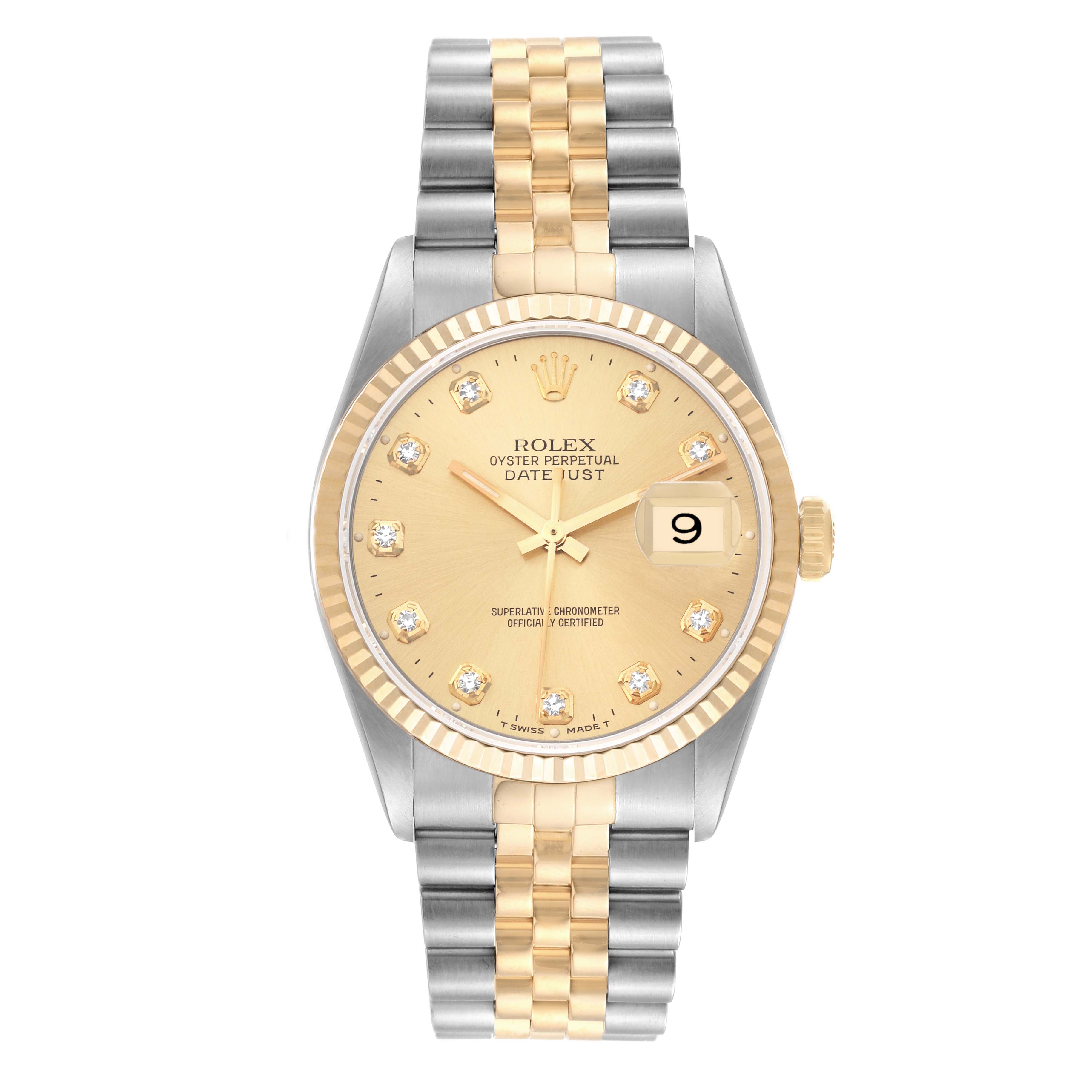The image shows a front view of a Rolex Datejust 16233 Men's Steel and Gold (two tone) Champagne Dial 16233 Men's Steel and Gold (two tone) Champagne Dial watch featuring a two-tone bracelet and a champagne dial with diamond hour markers.