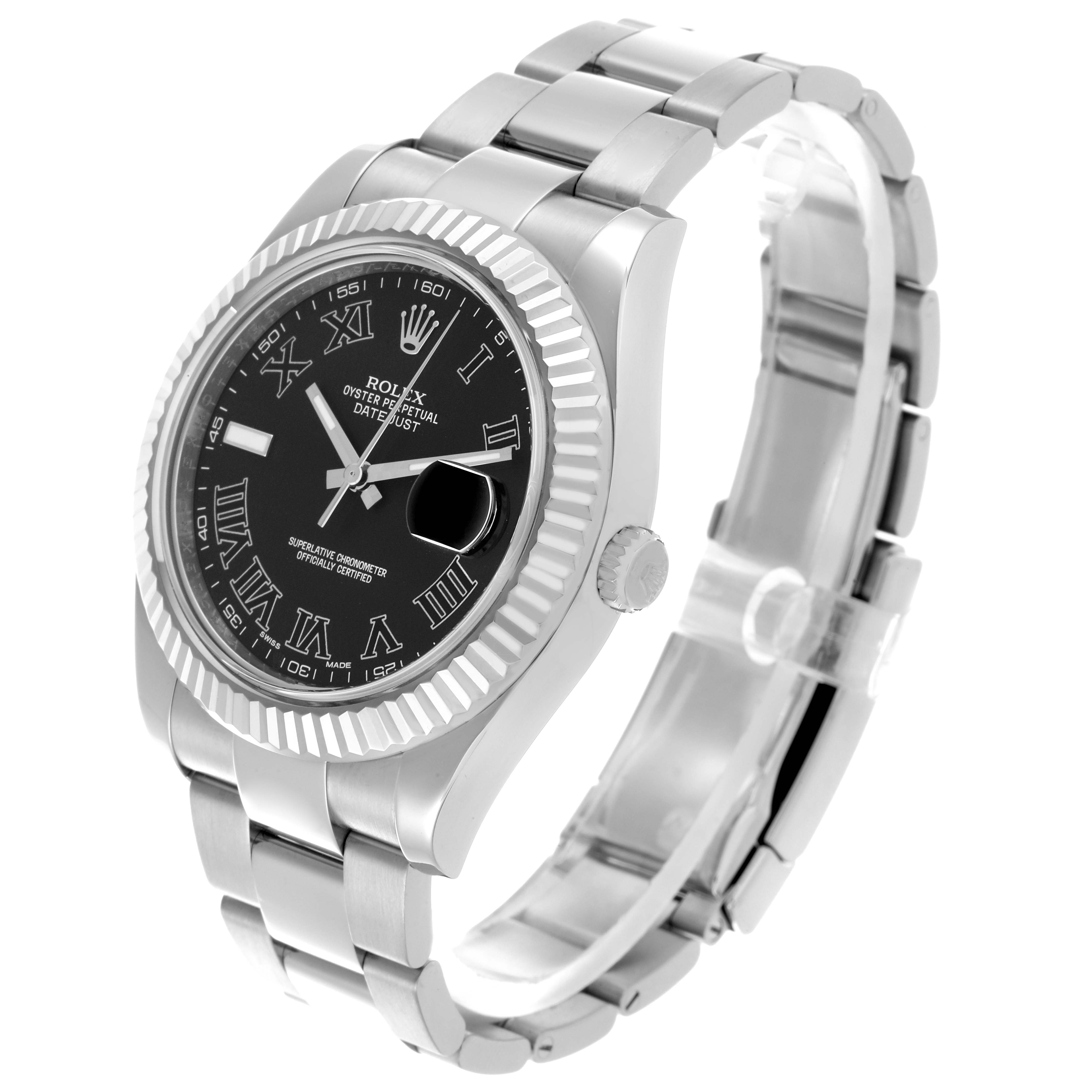 The Rolex Datejust 41 116334 Men
s Stainless Steel Black Dial 116334 Men
s Stainless Steel Black Dial is shown at a three-quarter angle, highlighting the face, bezel, crown, and bracelet.