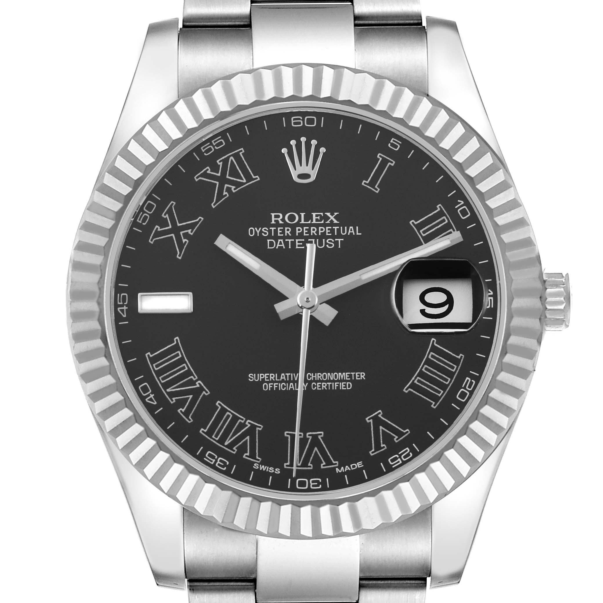 The Rolex Datejust 41 116334 Men
s Stainless Steel Black Dial 116334 Men
s Stainless Steel Black Dial watch is shown from the front, highlighting the face, bezel, and part of the bracelet.