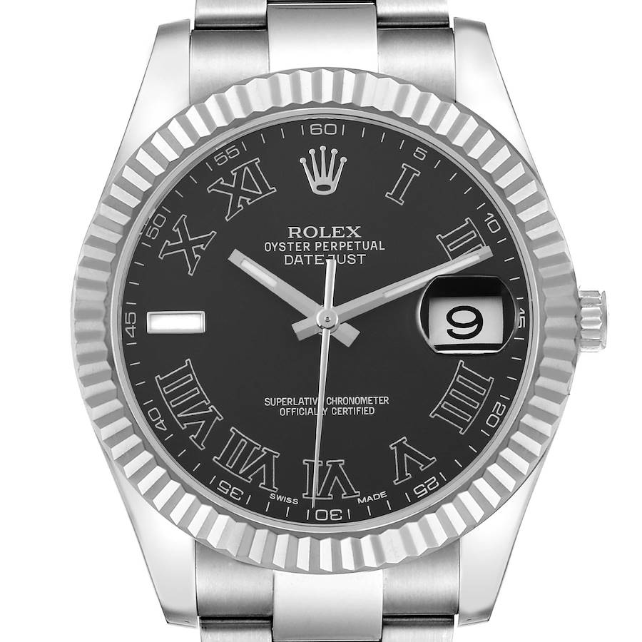 The Rolex Datejust 41 watch is shown from the front, highlighting the face, bezel, and part of the bracelet.