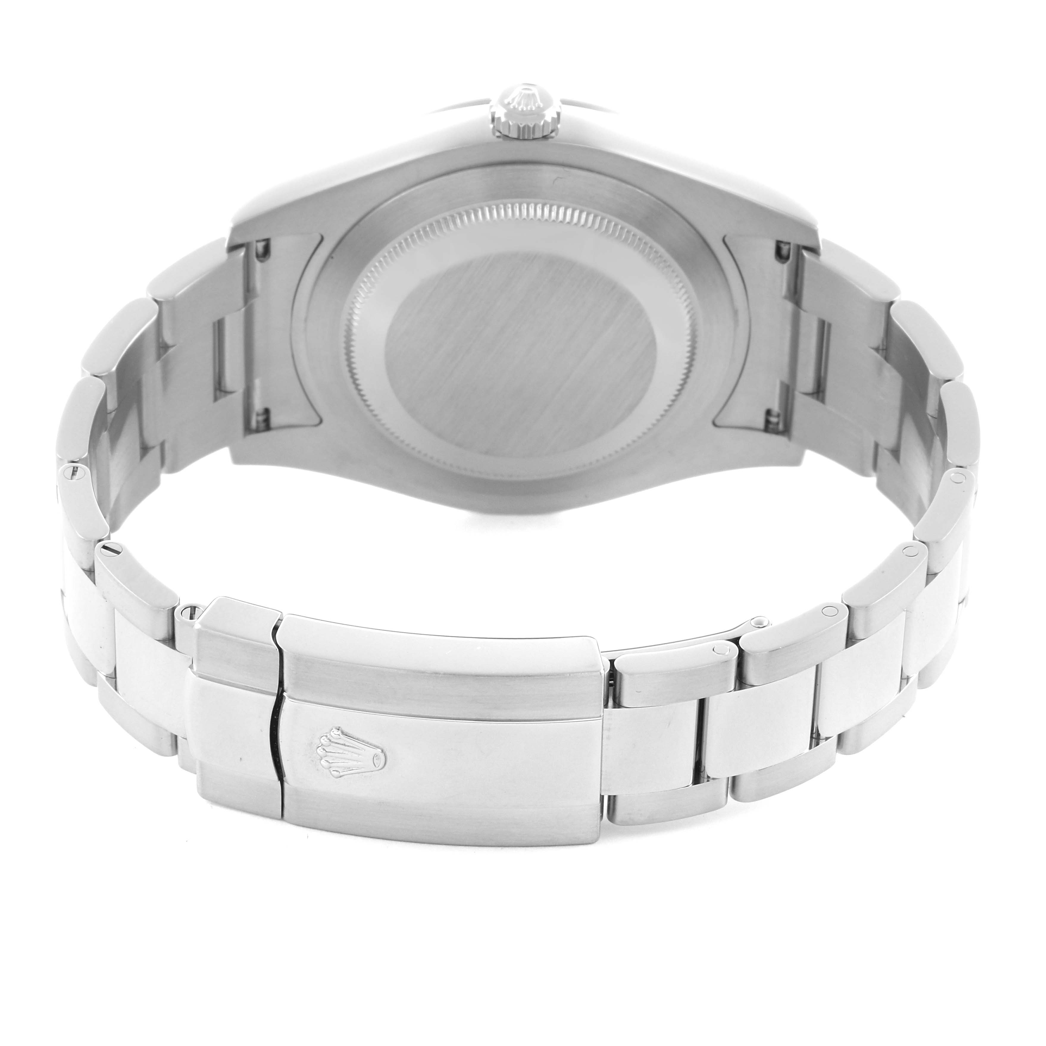 The image shows the back case and clasp side of the Rolex Datejust 41 116334 Men
s Stainless Steel Black Dial 116334 Men
s Stainless Steel Black Dial, highlighting its bracelet and logo-engraved clasp.