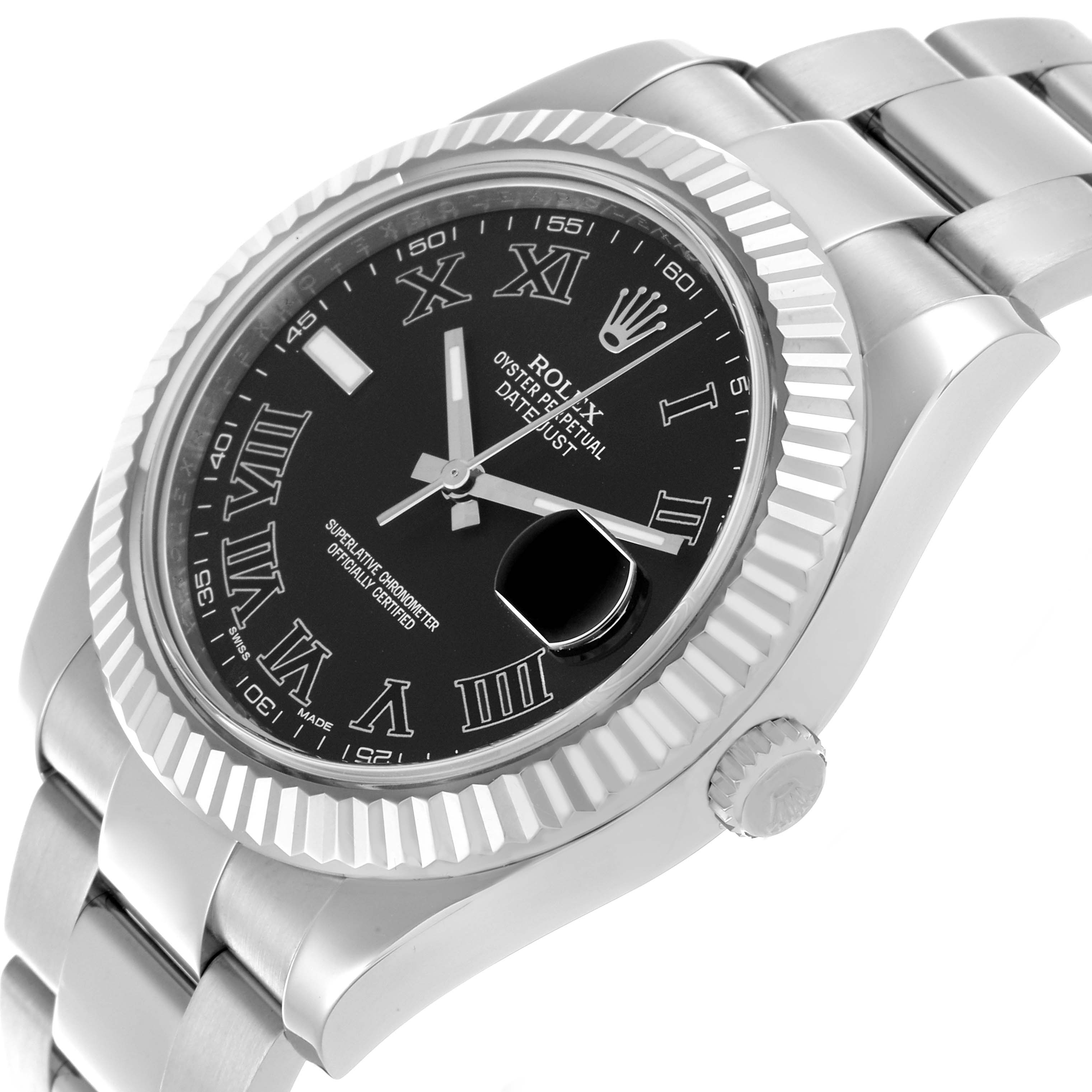 The Rolex Datejust 41 116334 Men
s Stainless Steel Black Dial 116334 Men
s Stainless Steel Black Dial is shown from a side angle, highlighting the bezel, dial, and part of the bracelet.