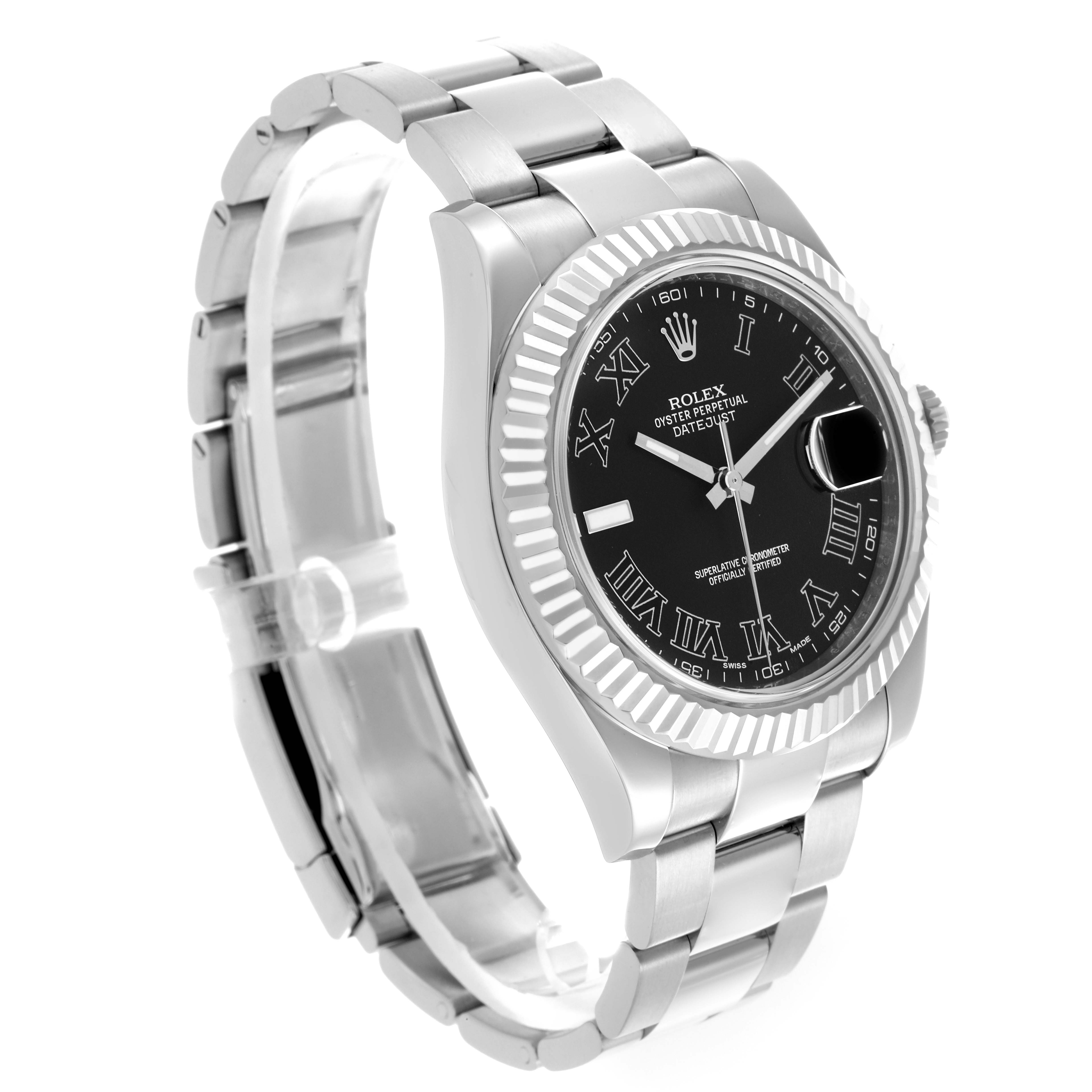 The Rolex Datejust 41 116334 Men
s Stainless Steel Black Dial 116334 Men
s Stainless Steel Black Dial watch is shown from a three-quarter angle, displaying the face, bezel, and bracelet prominently.
