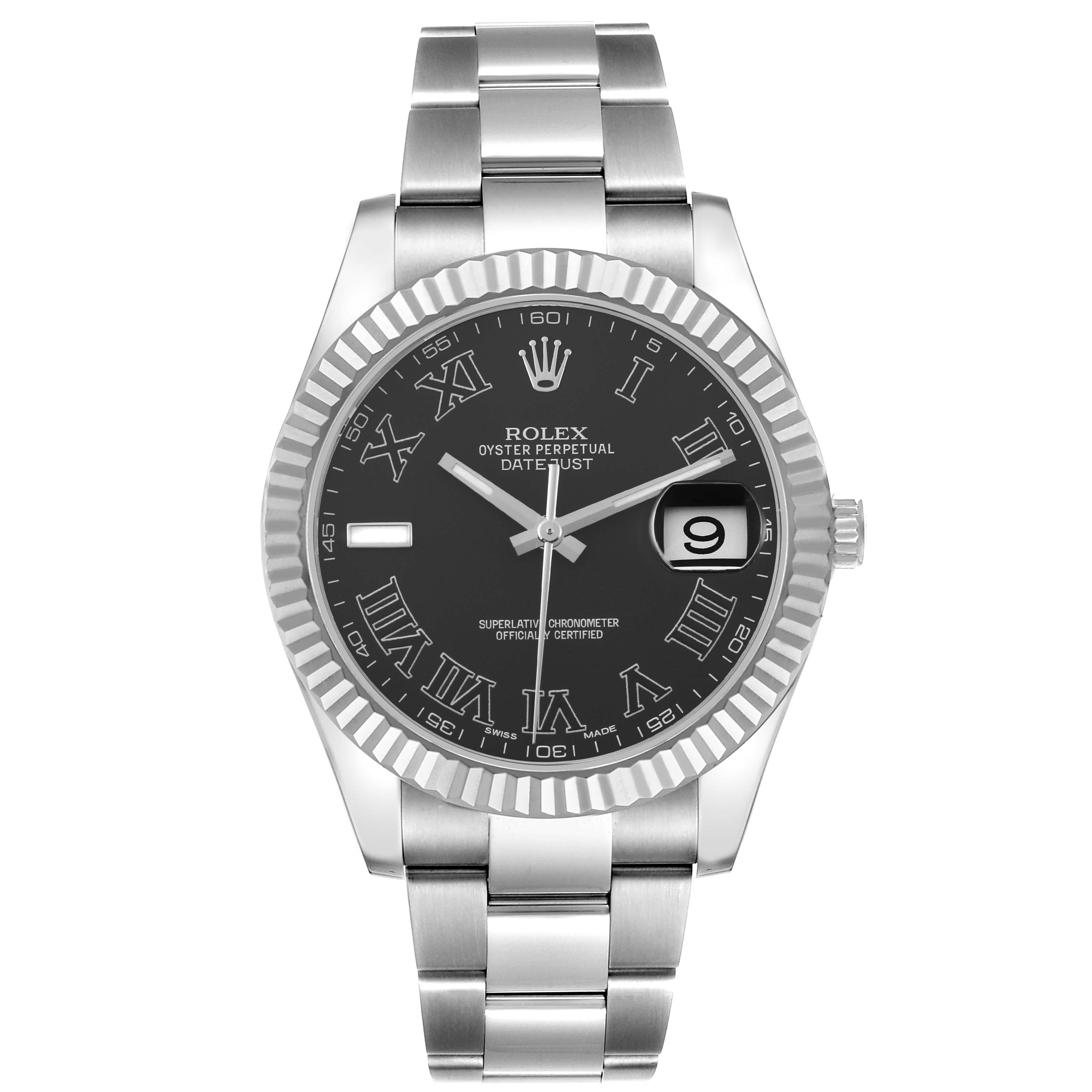 The Rolex Datejust 41 116334 Men
s Stainless Steel Black Dial 116334 Men
s Stainless Steel Black Dial is shown from a front angle, displaying its dial, bezel, and bracelet.