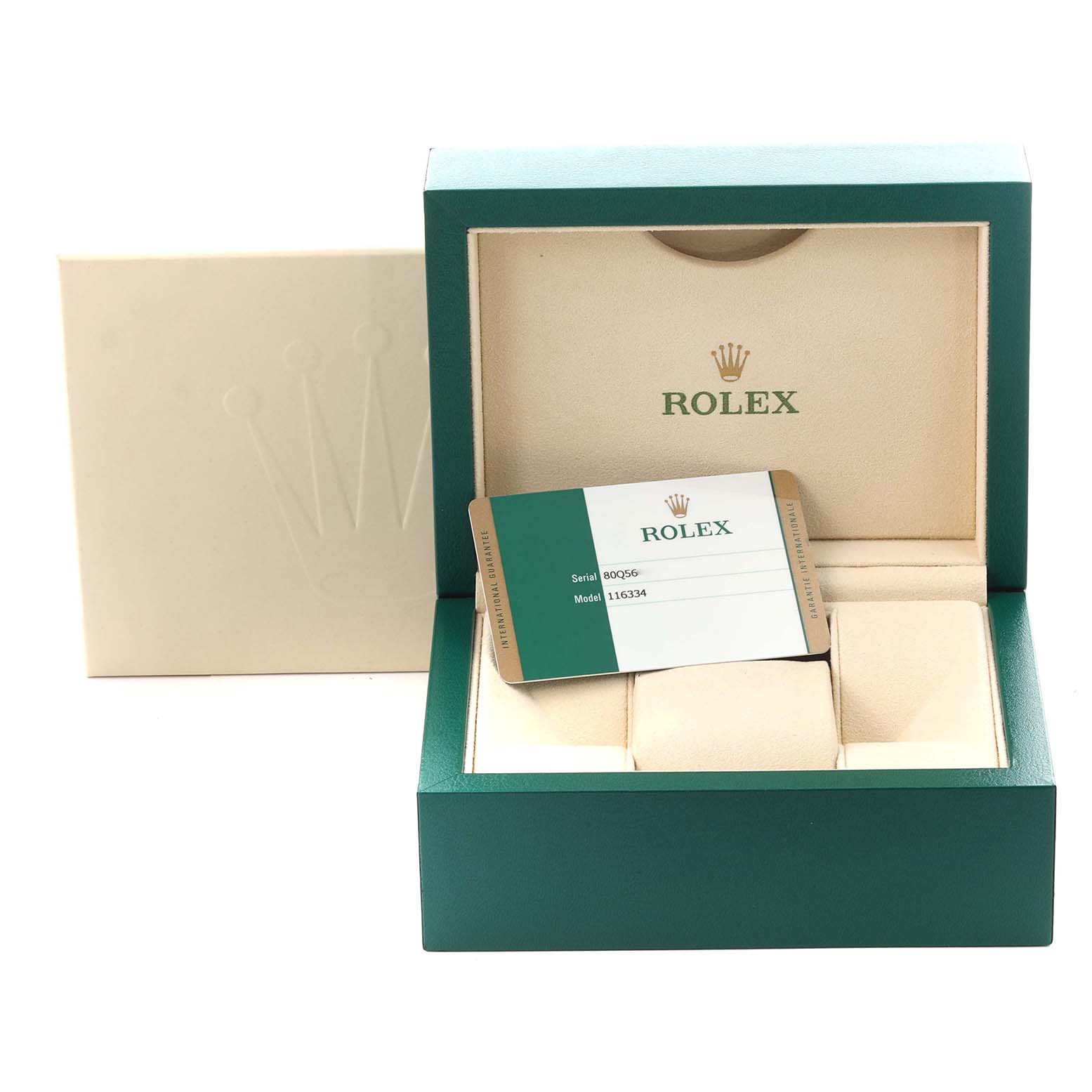 The image shows the open box and warranty card of a Rolex Datejust 41 116334 Men
s Stainless Steel Black Dial 116334 Men
s Stainless Steel Black Dial watch, viewed from above.