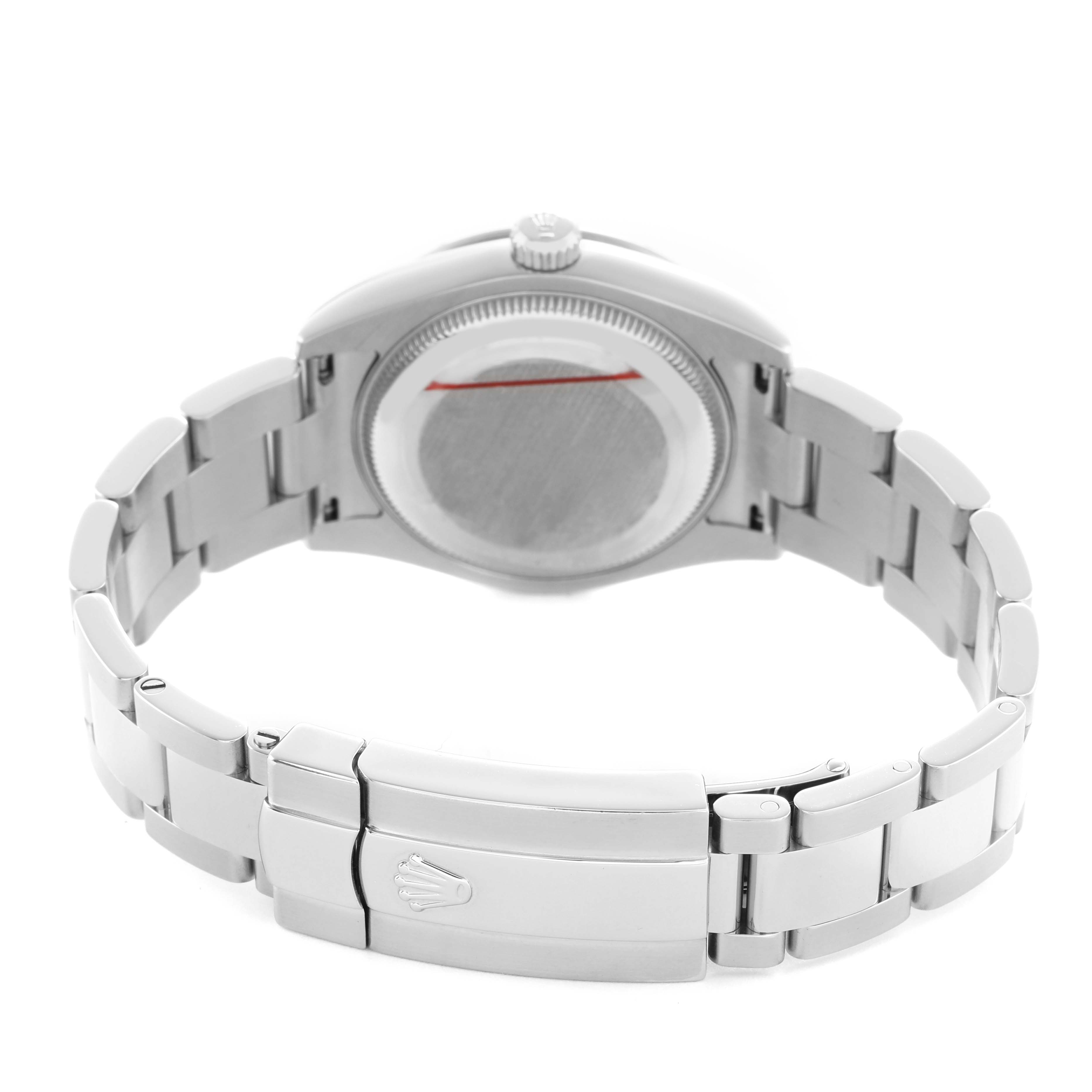 The image shows the backside of a Rolex Mid-Size 178344 Women's Stainless Steel Mother of Pearl Dial model, emphasizing the case back and bracelet with the clasp.