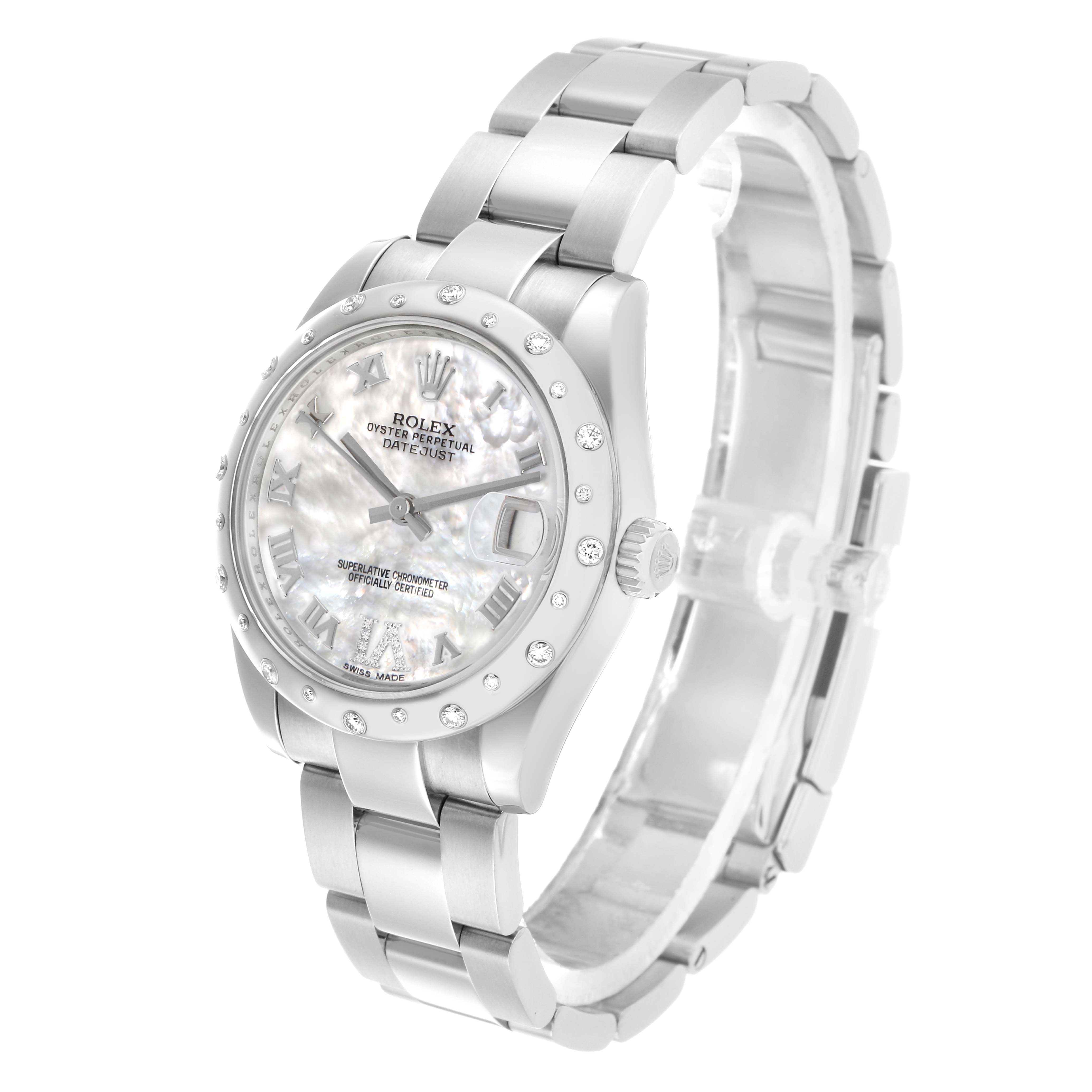 The Rolex Mid-Size 178344 Women's Stainless Steel Mother of Pearl Dial model watch is shown at a three-quarter angle highlighting the face, bezel, bracelet, and crown.