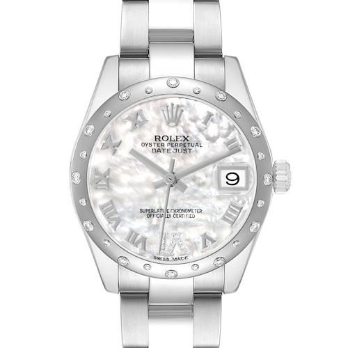 The Rolex Mid-Size 178344 Women's Stainless Steel Mother of Pearl Dial watch is shown from a front angle, displaying the dial, bezel, hands, and bracelet.