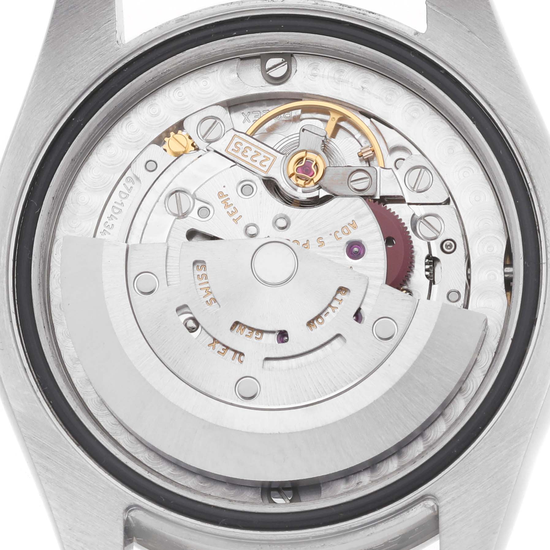 The image shows the backside of a Rolex Mid-Size 178344 Women's Stainless Steel Mother of Pearl Dial watch with its internal mechanical movement and parts exposed.