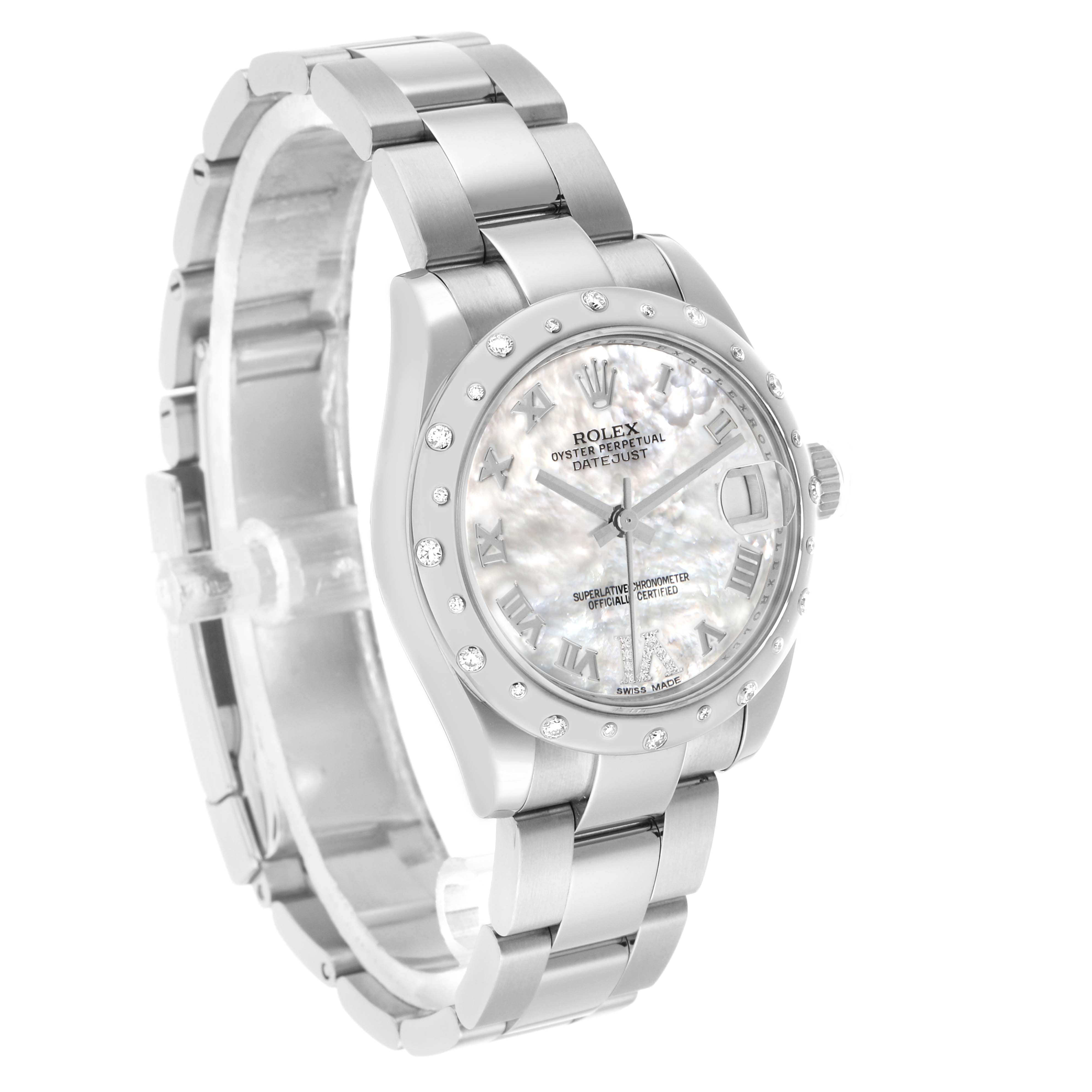 The Rolex Mid-Size 178344 Women's Stainless Steel Mother of Pearl Dial model is shown at a slight angle, displaying the face, dial, bezel, and full bracelet.