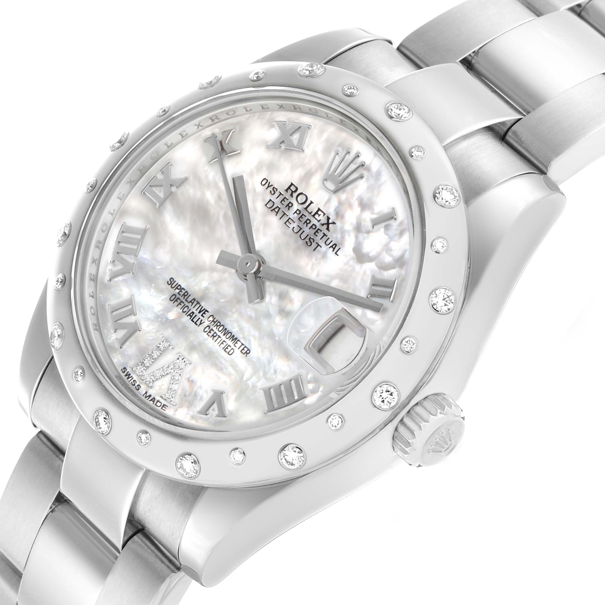 The Rolex Mid-Size 178344 Women's Stainless Steel Mother of Pearl Dial watch is shown from a three-quarter angle, highlighting the dial, bezel, crown, and part of the bracelet.
