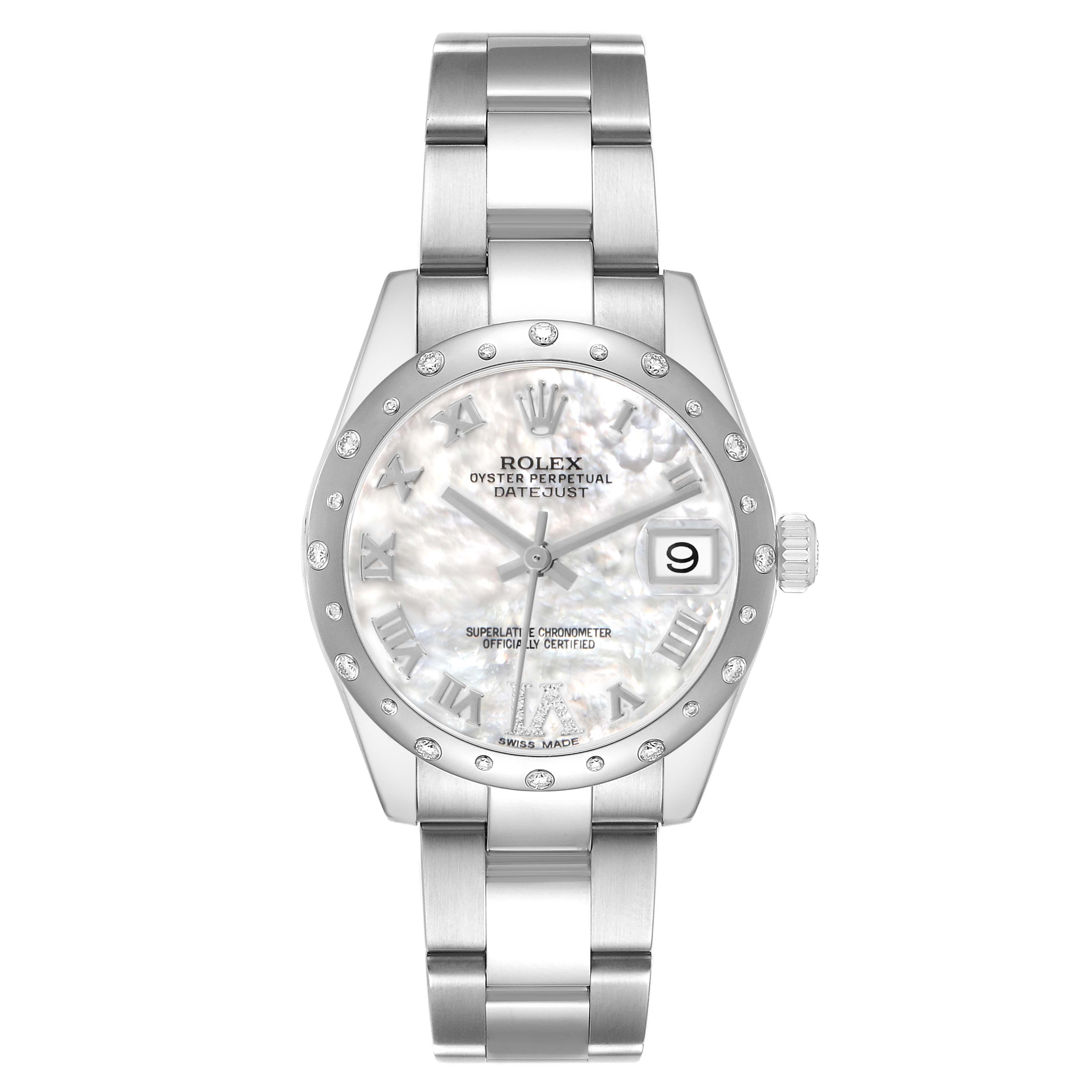 The Rolex mid-size model is shown from the front, displaying the dial, bezel, bracelet, crown, and date window.