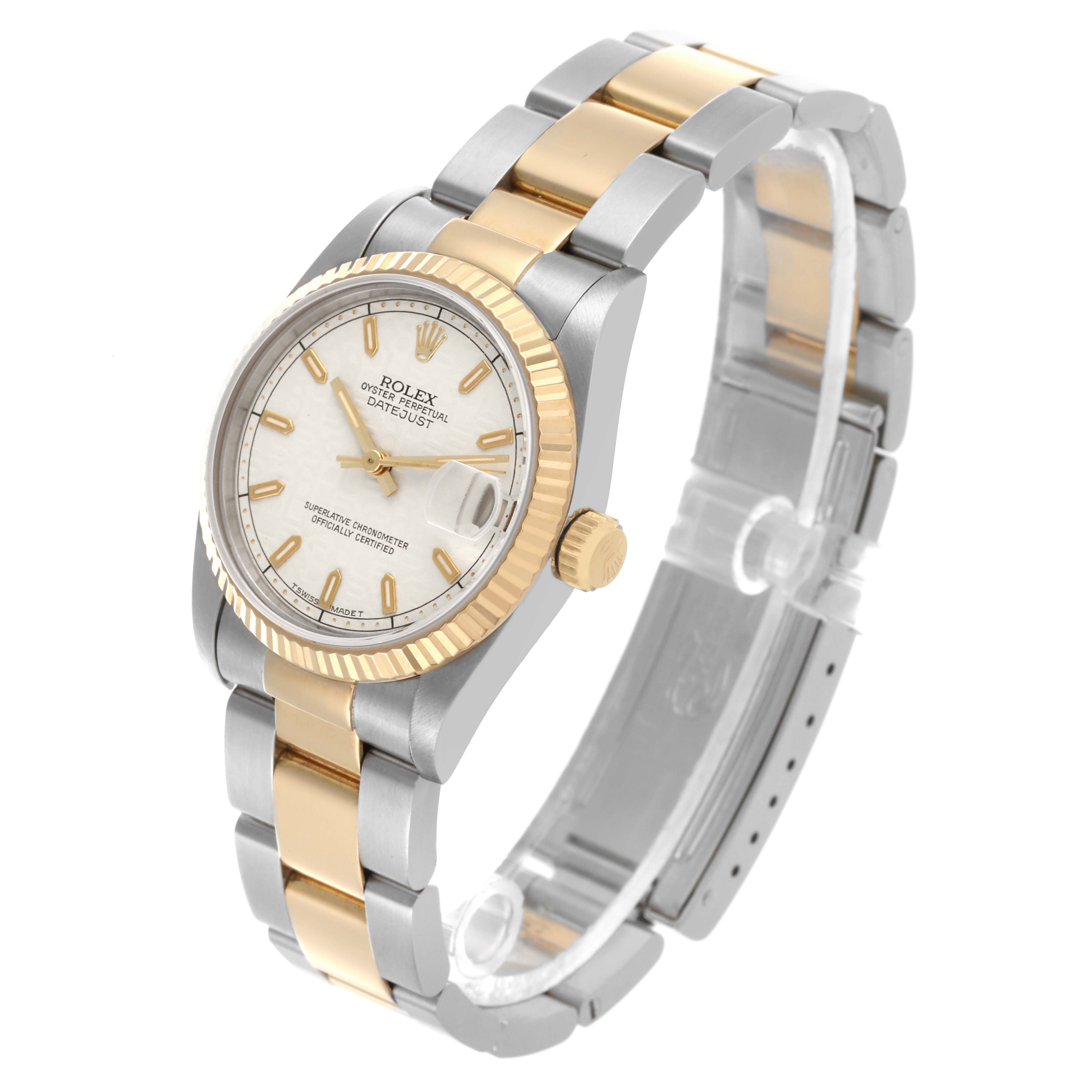 The Rolex Mid-Size 68273 Women's Steel and Gold (two tone) Silver Dial 68273 Women's Steel and Gold (two tone) Silver Dial watch shows a three-quarters angle, highlighting the face, bracelet, and crown.