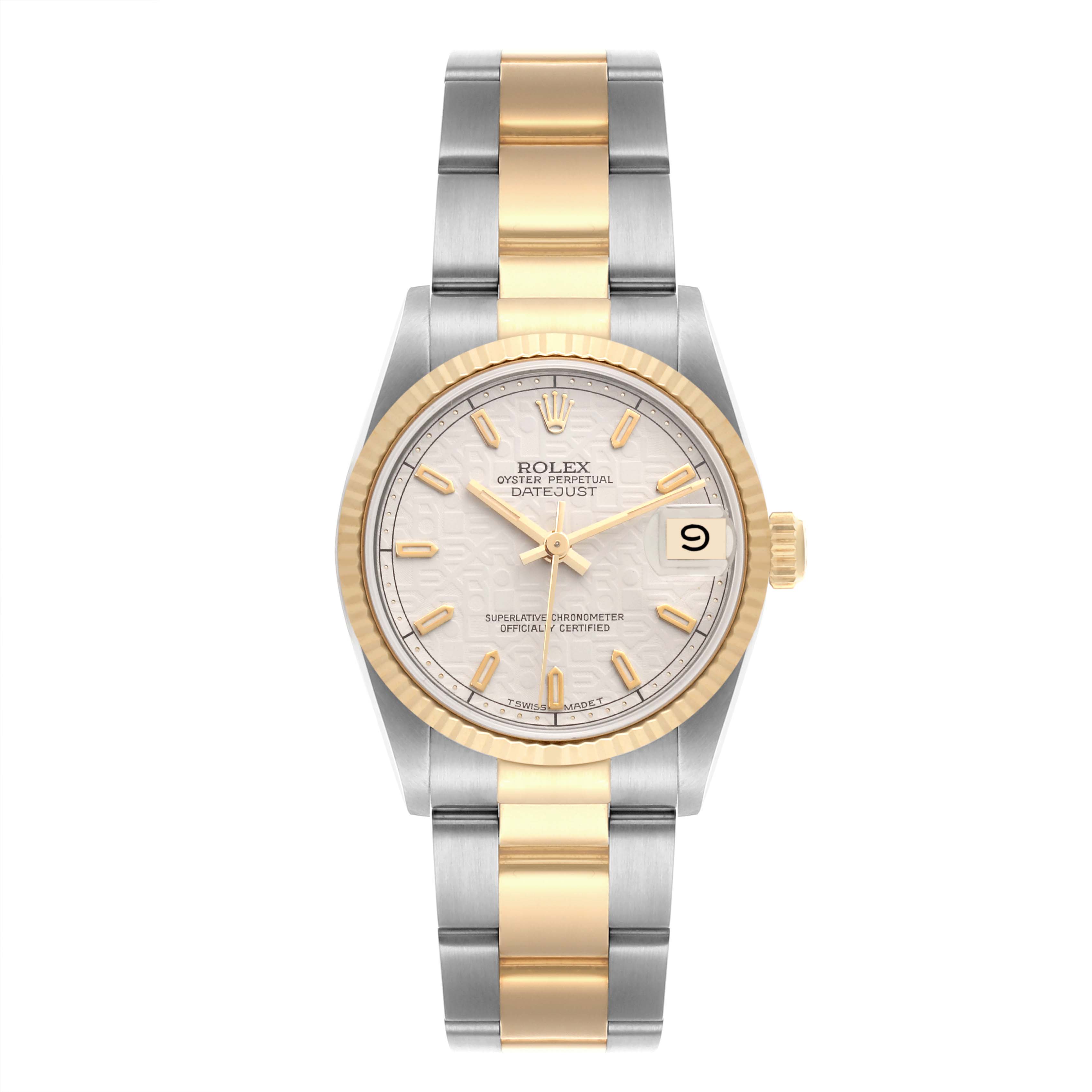 The Rolex Datejust Mid-Size watch is shown from the front, highlighting the face, bezel, and two-tone bracelet.