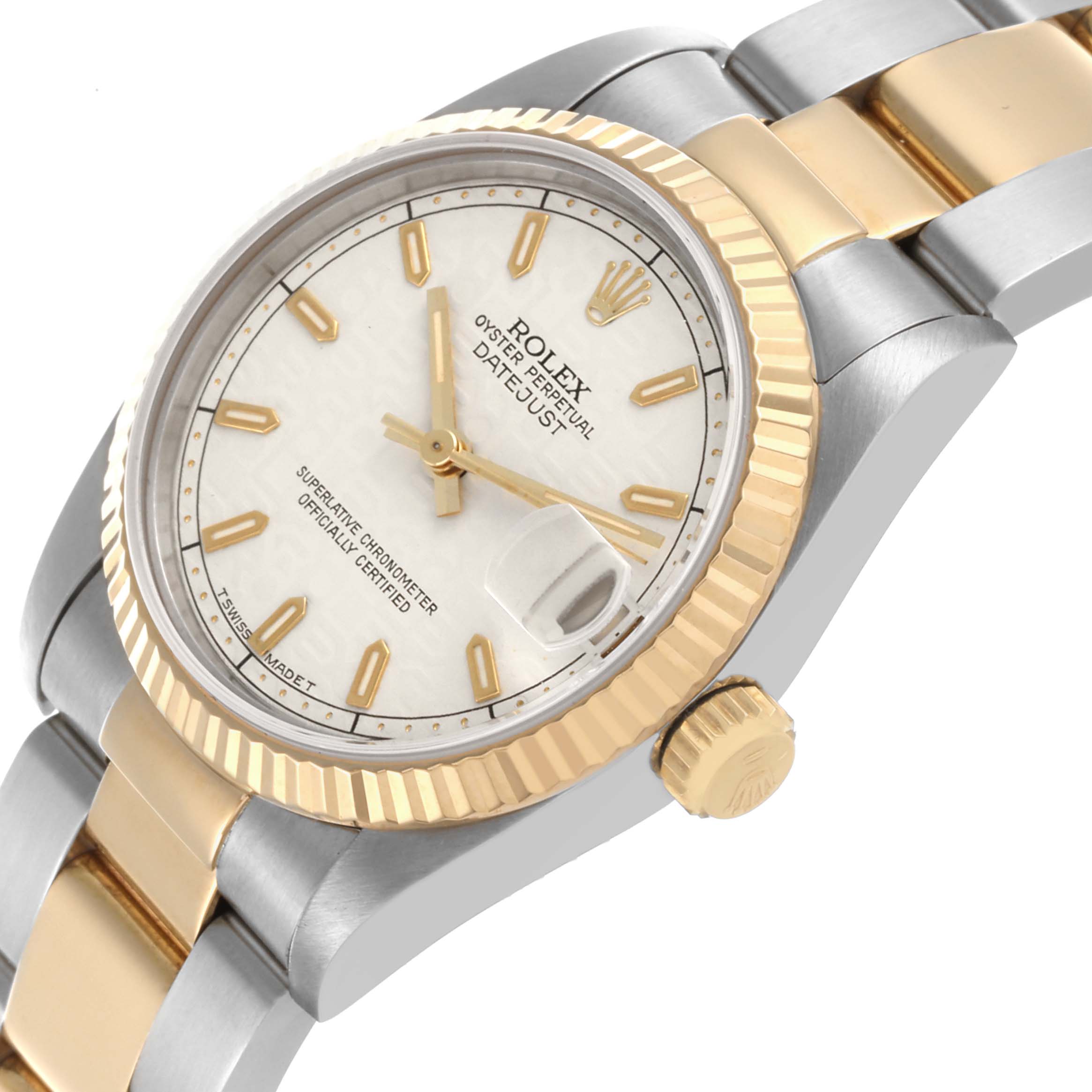 The Rolex Datejust Mid-Size is shown at a slight angle highlighting the dial, bezel, crown, and part of the bracelet.