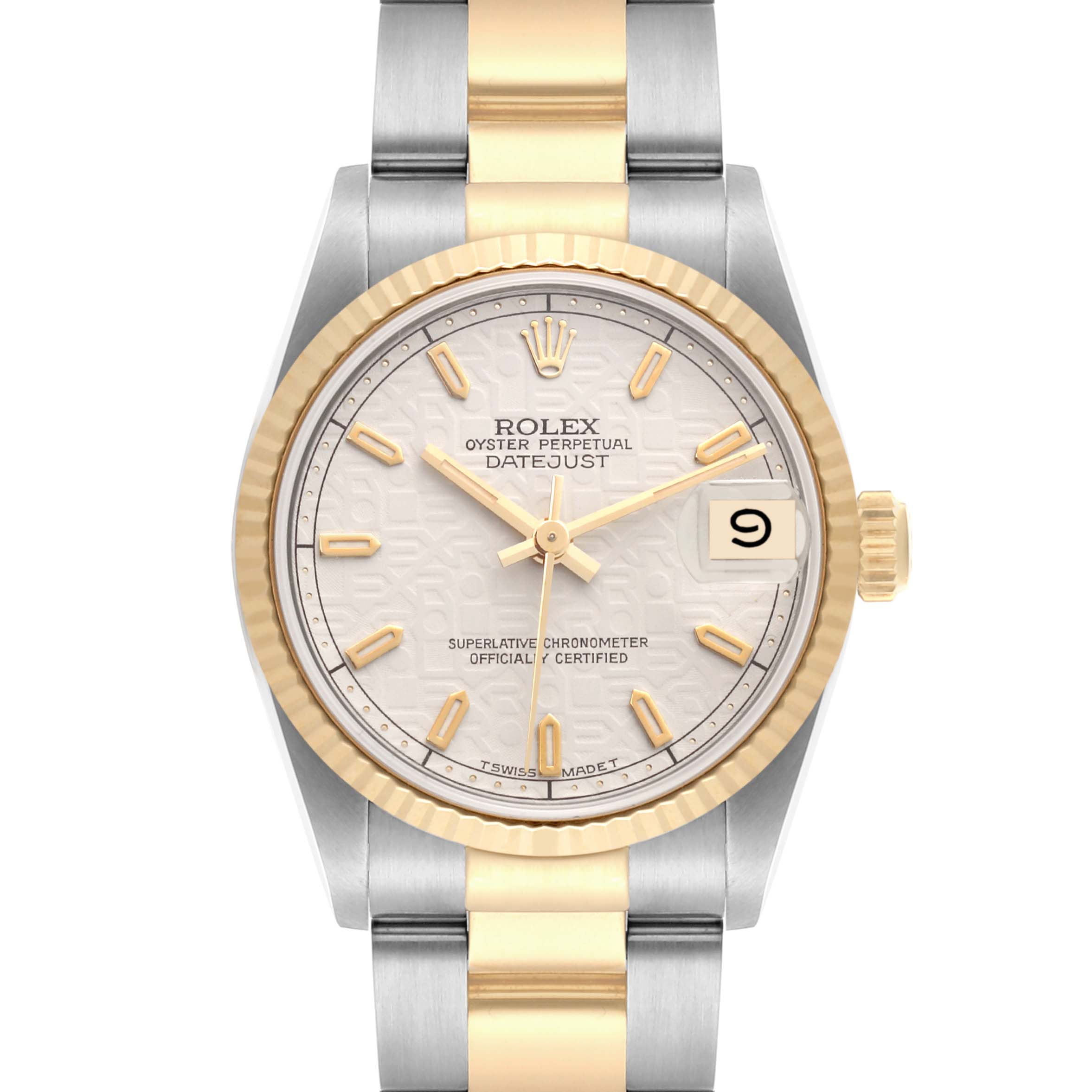 The Rolex Mid-Size 68273 Women's Steel and Gold (two tone) Silver Dial 68273 Women's Steel and Gold (two tone) Silver Dial watch is shown from a front angle, displaying the dial, bezel, and part of the bracelet.