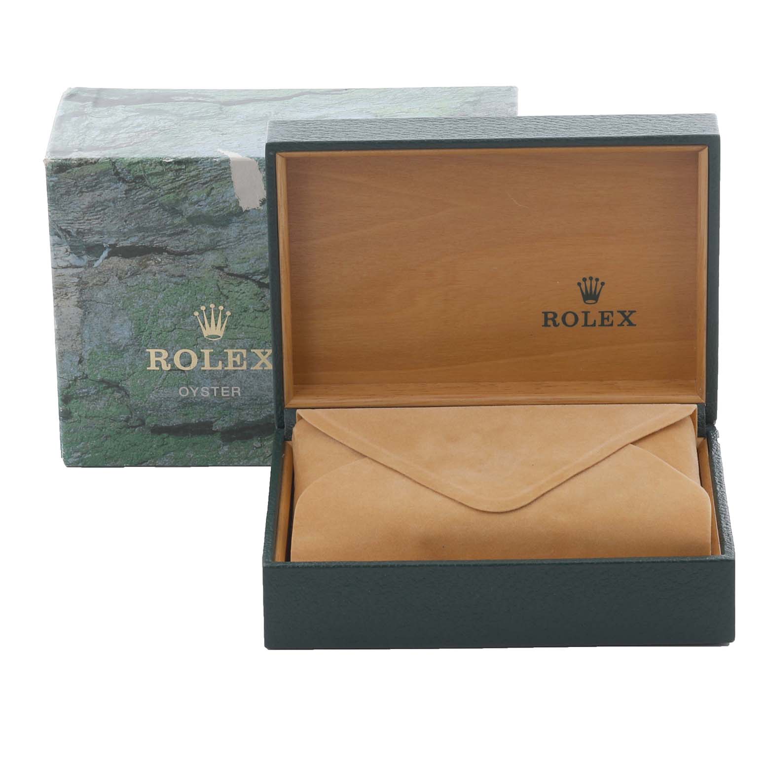 The image shows a Rolex Mid-Size 68273 Women's Steel and Gold (two tone) Silver Dial 68273 Women's Steel and Gold (two tone) Silver Dial box with leather pouch, photographed from the front with the lid open.