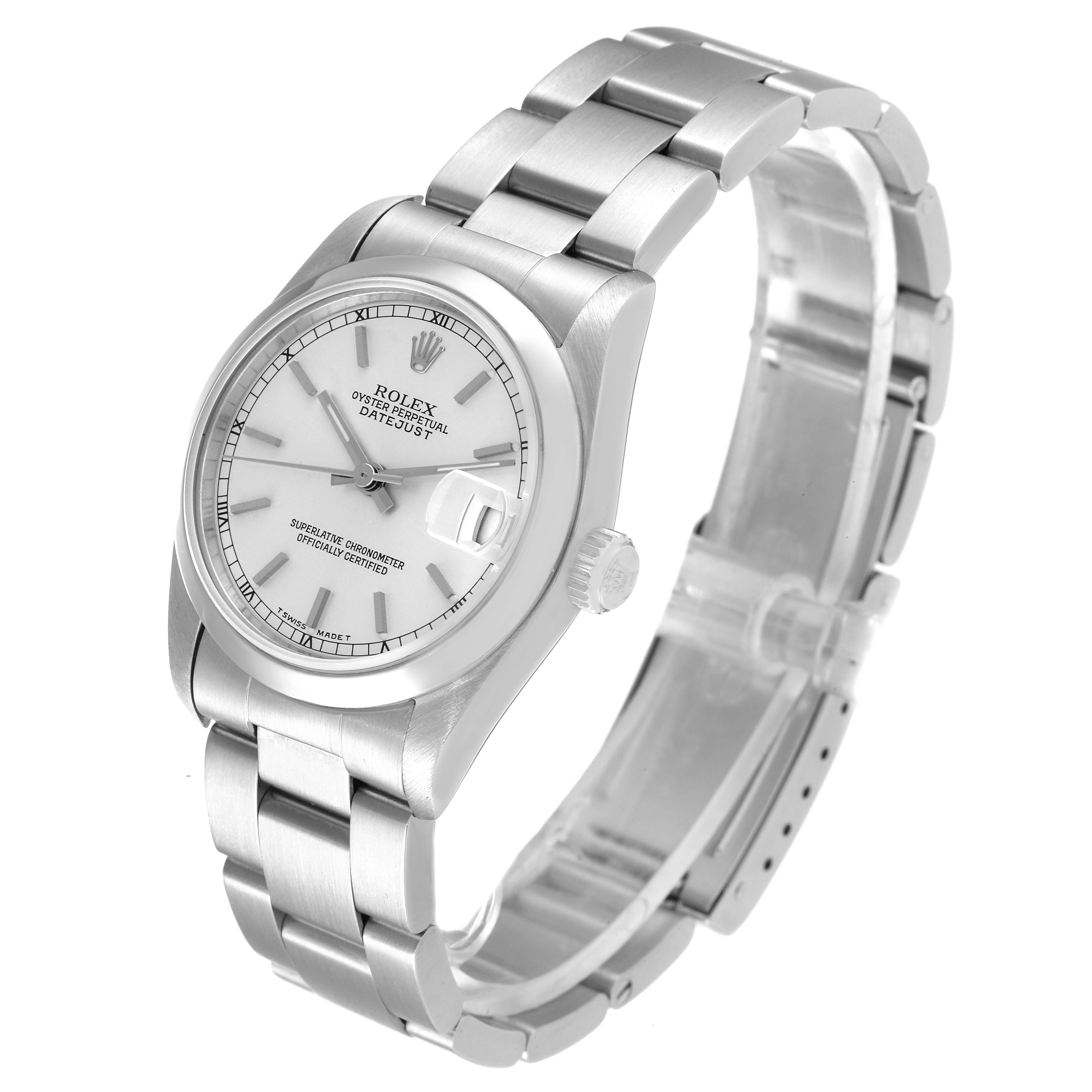 This image shows a Rolex Mid-Size 68240 Women
s Stainless Steel Silver Dial 68240 Women
s Stainless Steel Silver Dial Oyster Perpetual Datejust watch at an angle, highlighting its face, crown, and bracelet.