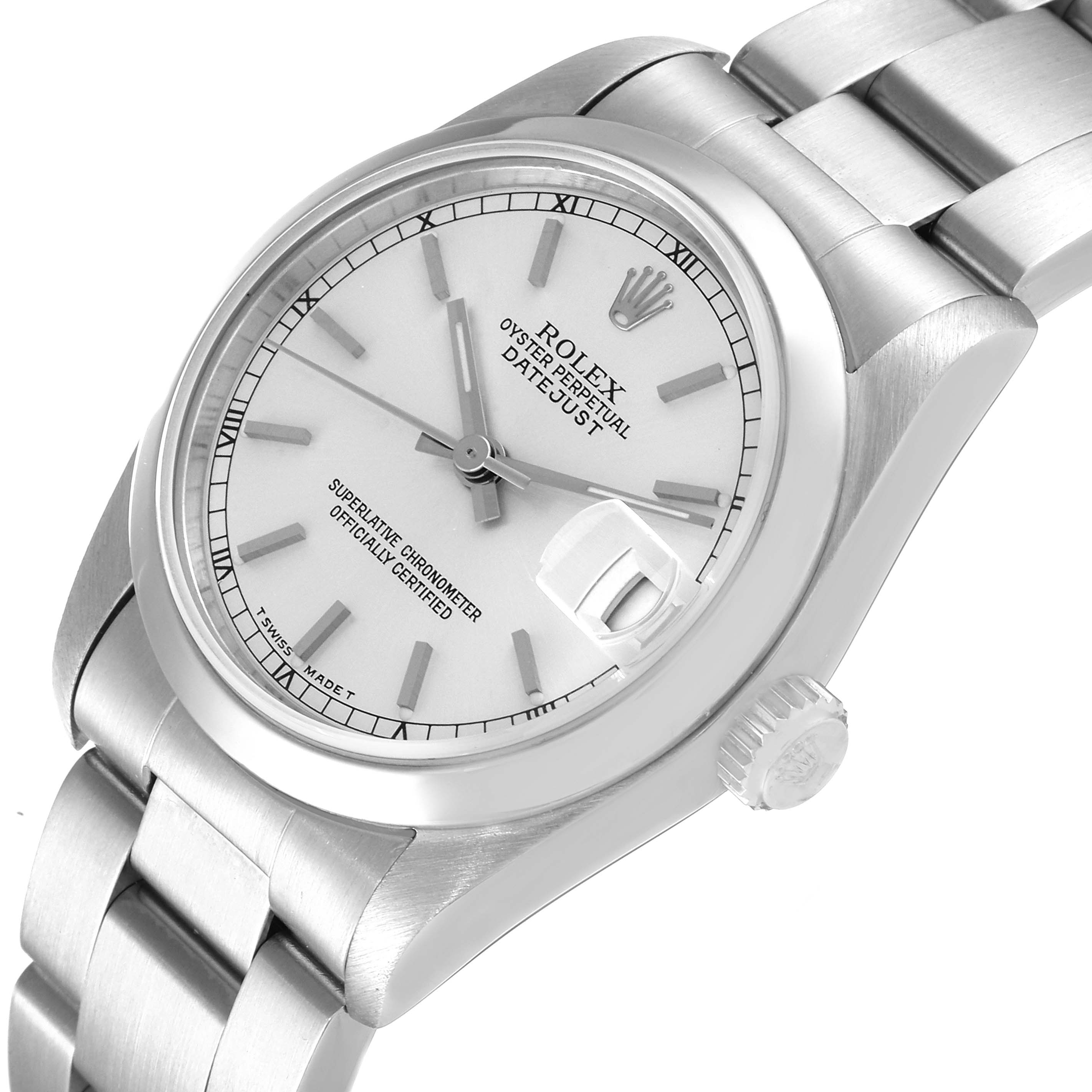 The image shows the face and part of the bracelet of a Rolex Mid-Size 68240 Women
s Stainless Steel Silver Dial 68240 Women
s Stainless Steel Silver Dial Oyster Perpetual Datejust watch at an angled view.