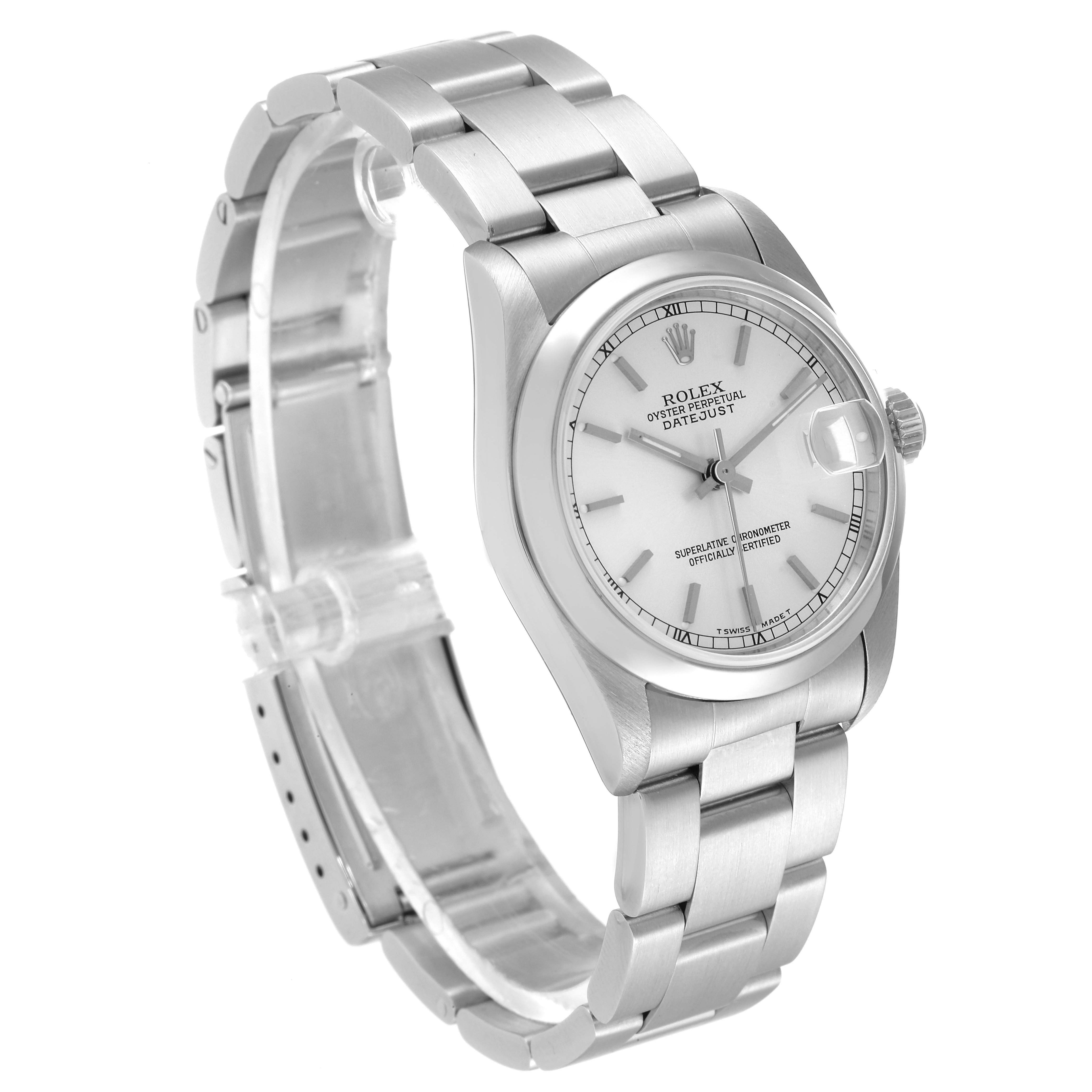 The Rolex Mid-Size 68240 Women
s Stainless Steel Silver Dial 68240 Women
s Stainless Steel Silver Dial Datejust watch is shown at an angled view, highlighting its metal bracelet, case, and dial.