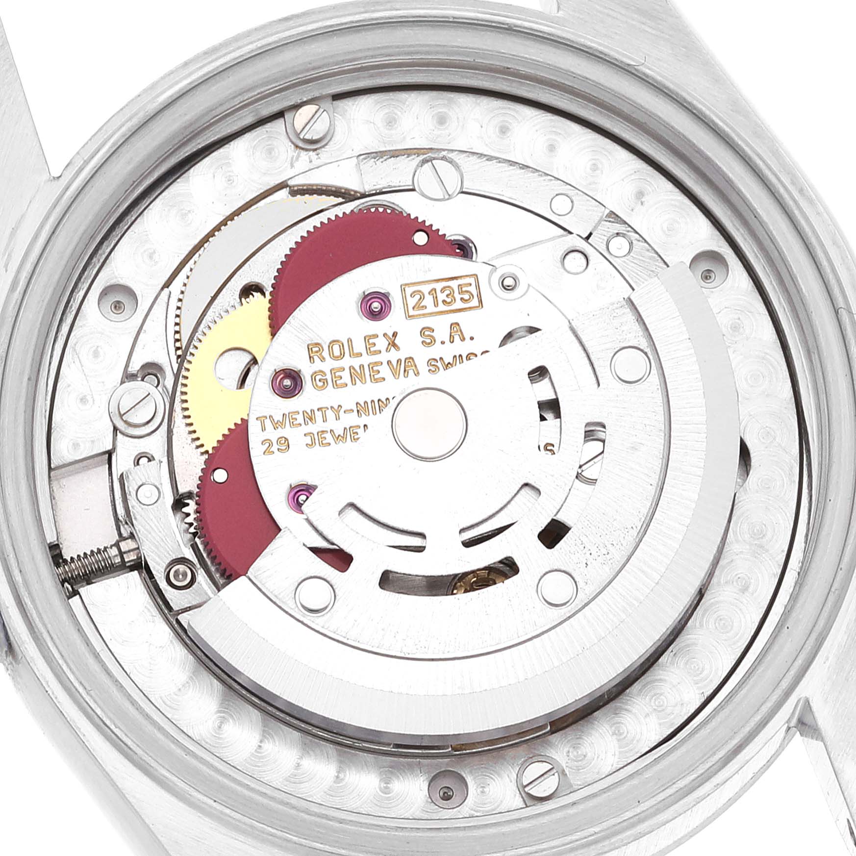 The image shows the internal mechanism of a Rolex Mid-Size 68240 Women
s Stainless Steel Silver Dial 68240 Women
s Stainless Steel Silver Dial model, focusing on the movement and gears.