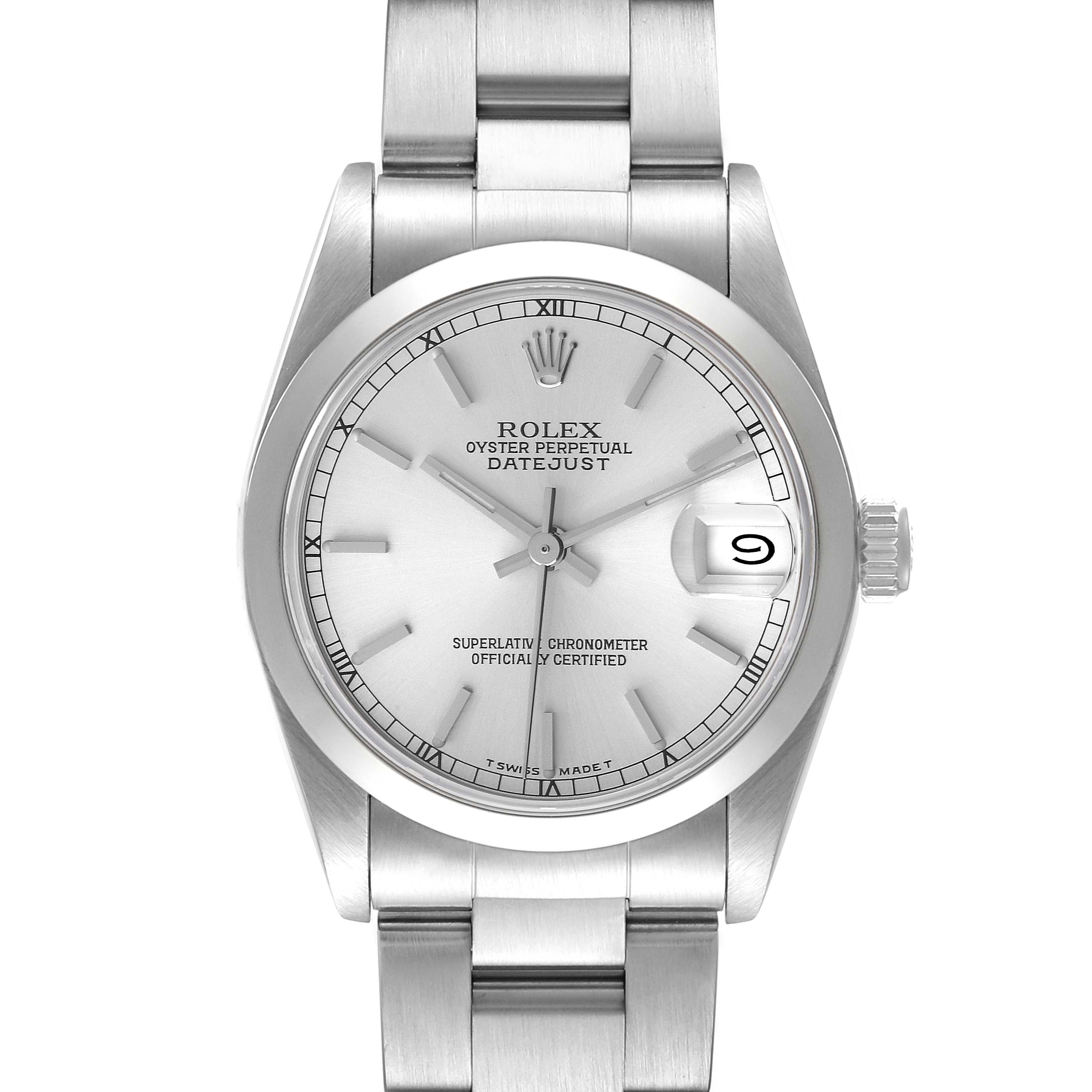 The image shows a front view of a Rolex Mid-Size 68240 Women
s Stainless Steel Silver Dial 68240 Women
s Stainless Steel Silver Dial Datejust watch, displaying the face, bezel, and part of the bracelet.