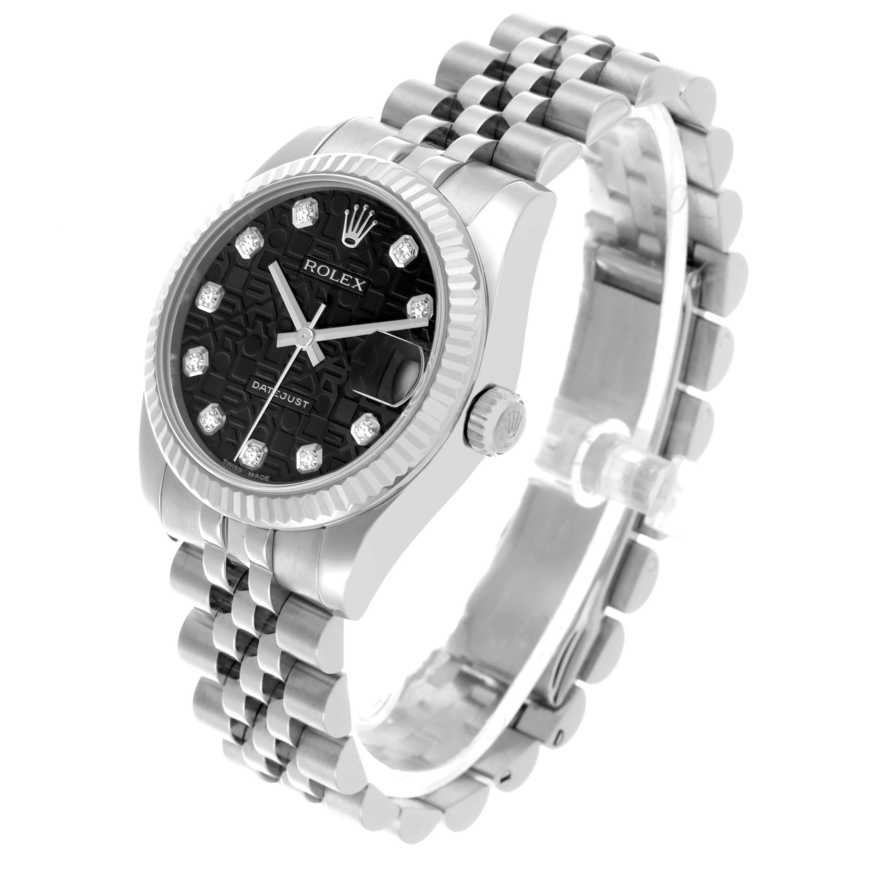 The Rolex Mid-Size 178274 Women's Stainless Steel Black Dial 178274 Women's Stainless Steel Black Dial watch is shown from an angled top view, displaying the face, bezel, crown, and band.