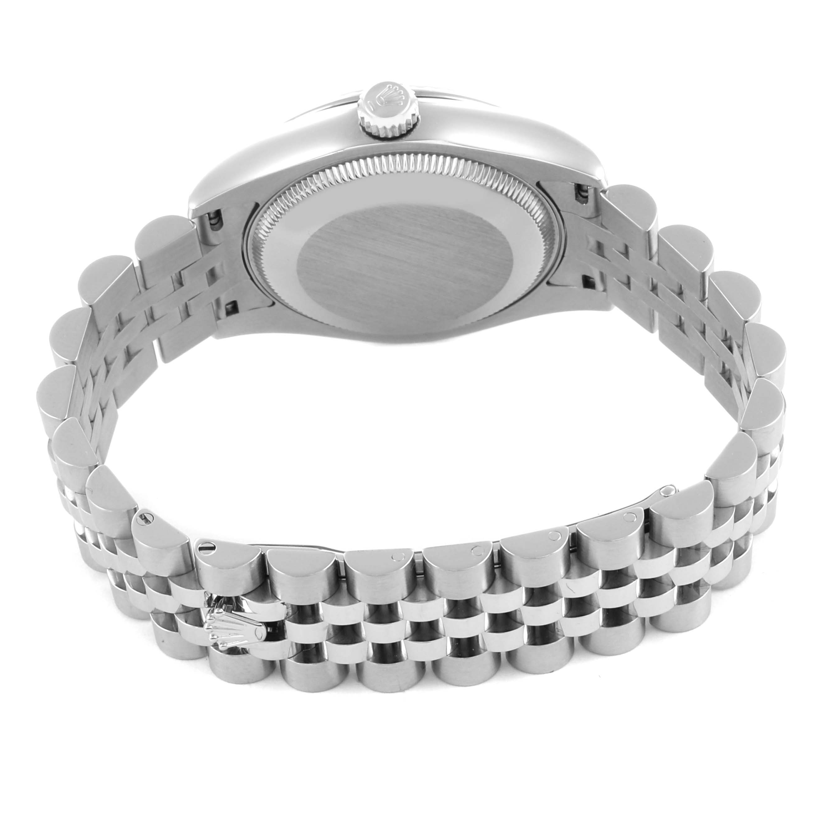 The image shows the backside and bracelet of a Rolex Mid-Size 178274 Women's Stainless Steel Black Dial 178274 Women's Stainless Steel Black Dial watch, highlighting the case back and jubilee-style bracelet.