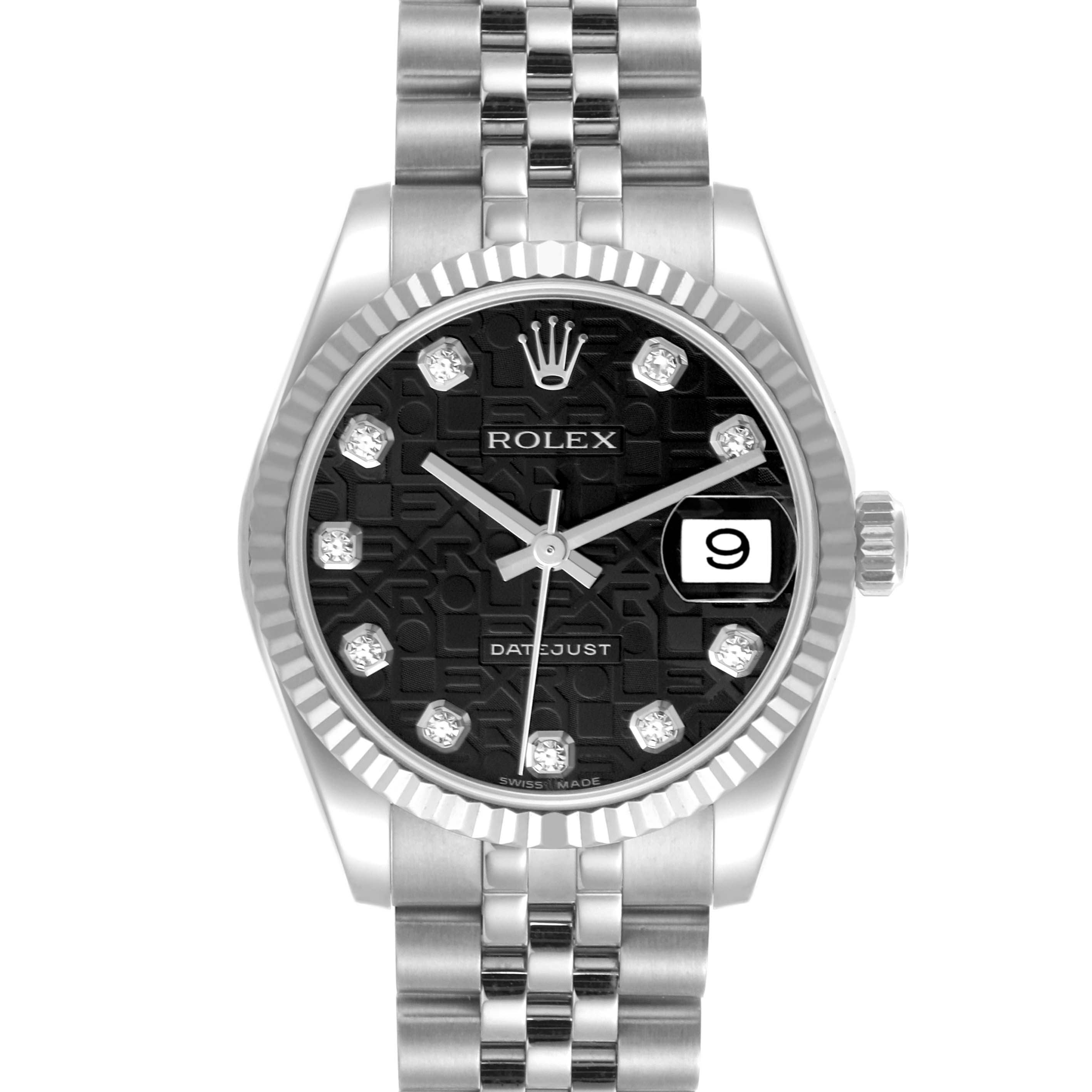 The Rolex Mid-Size 178274 Women's Stainless Steel Black Dial 178274 Women's Stainless Steel Black Dial watch is shown head-on, displaying the bezel, black dial, date window, and Jubilee bracelet.