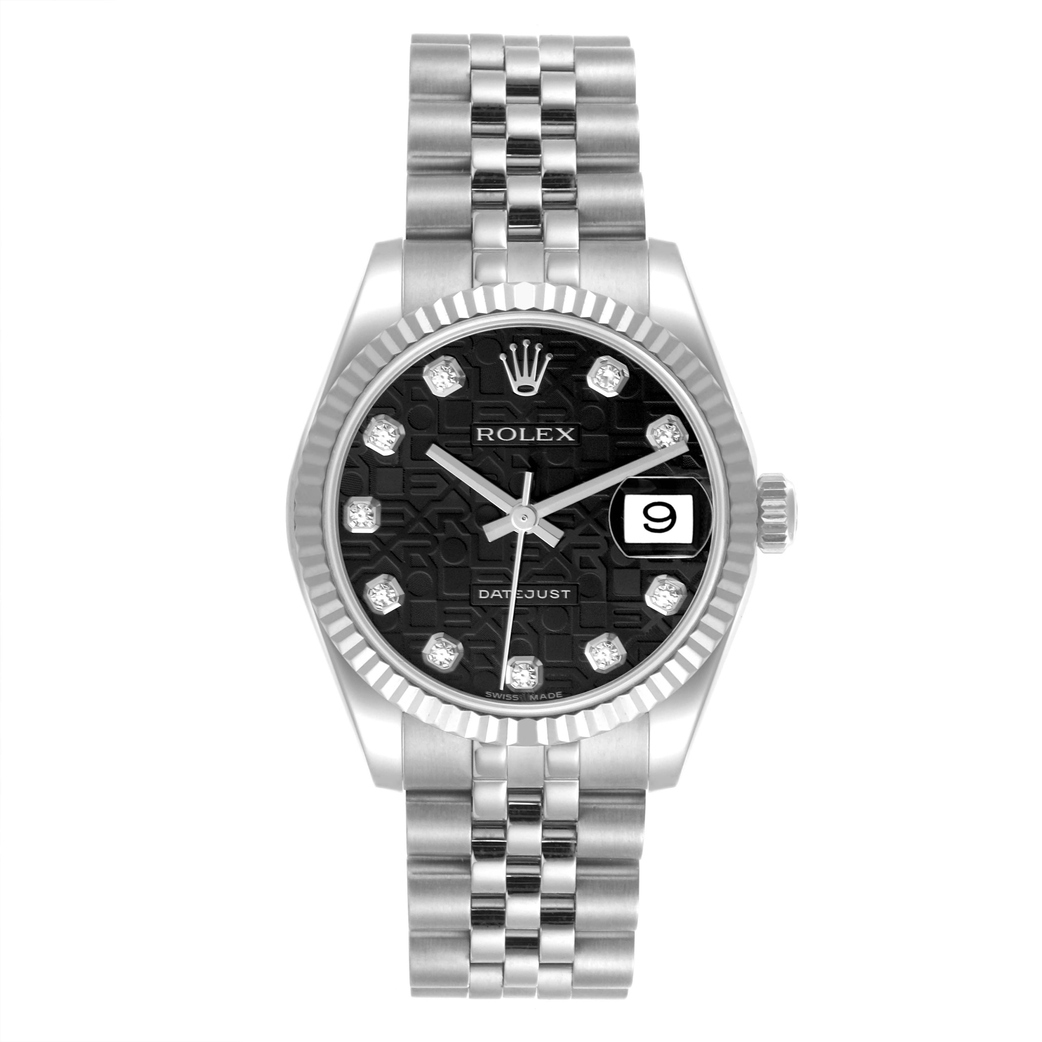 The Rolex Mid-Size 178274 Women's Stainless Steel Black Dial 178274 Women's Stainless Steel Black Dial watch is shown from the front, highlighting its face, bezel, crown, and bracelet.