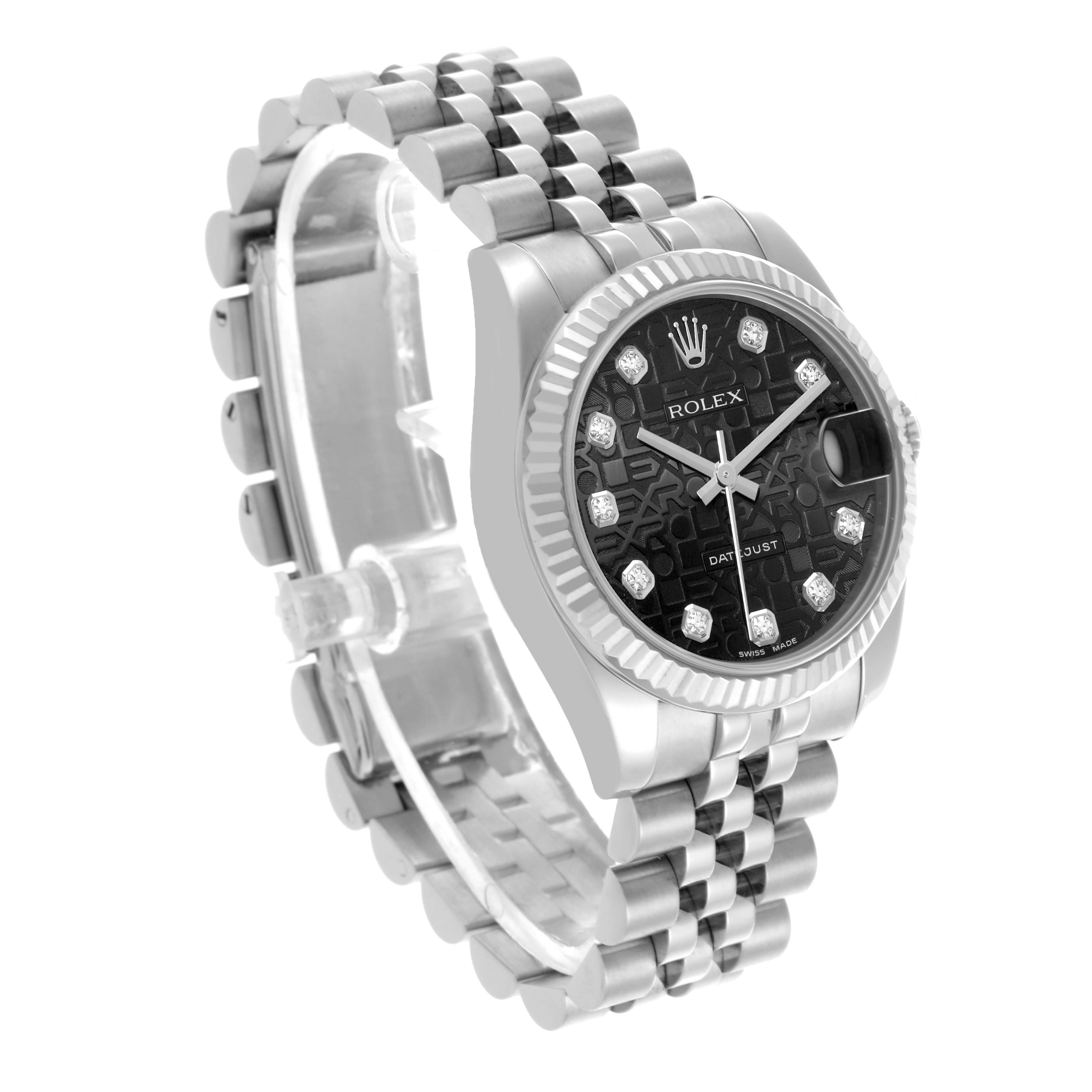 The Rolex Mid-Size 178274 Women's Stainless Steel Black Dial 178274 Women's Stainless Steel Black Dial watch is shown at a three-quarter angle, displaying its face, bezel, and bracelet.