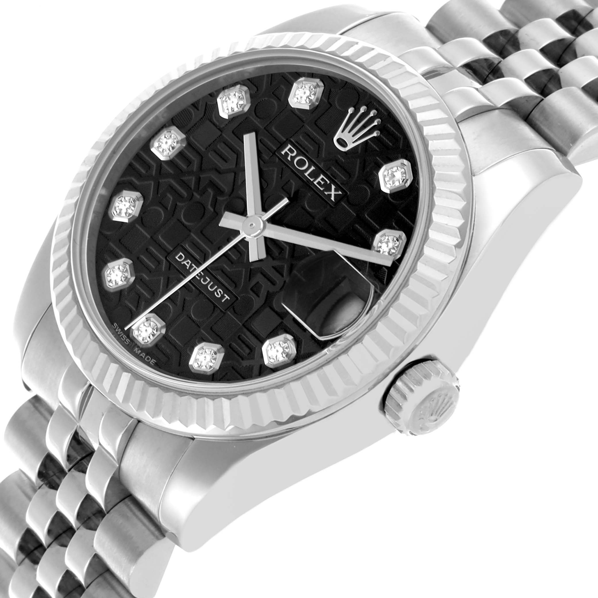 This Rolex Datejust watch is shown at an angle highlighting the dial, bezel, crown, and part of the bracelet.