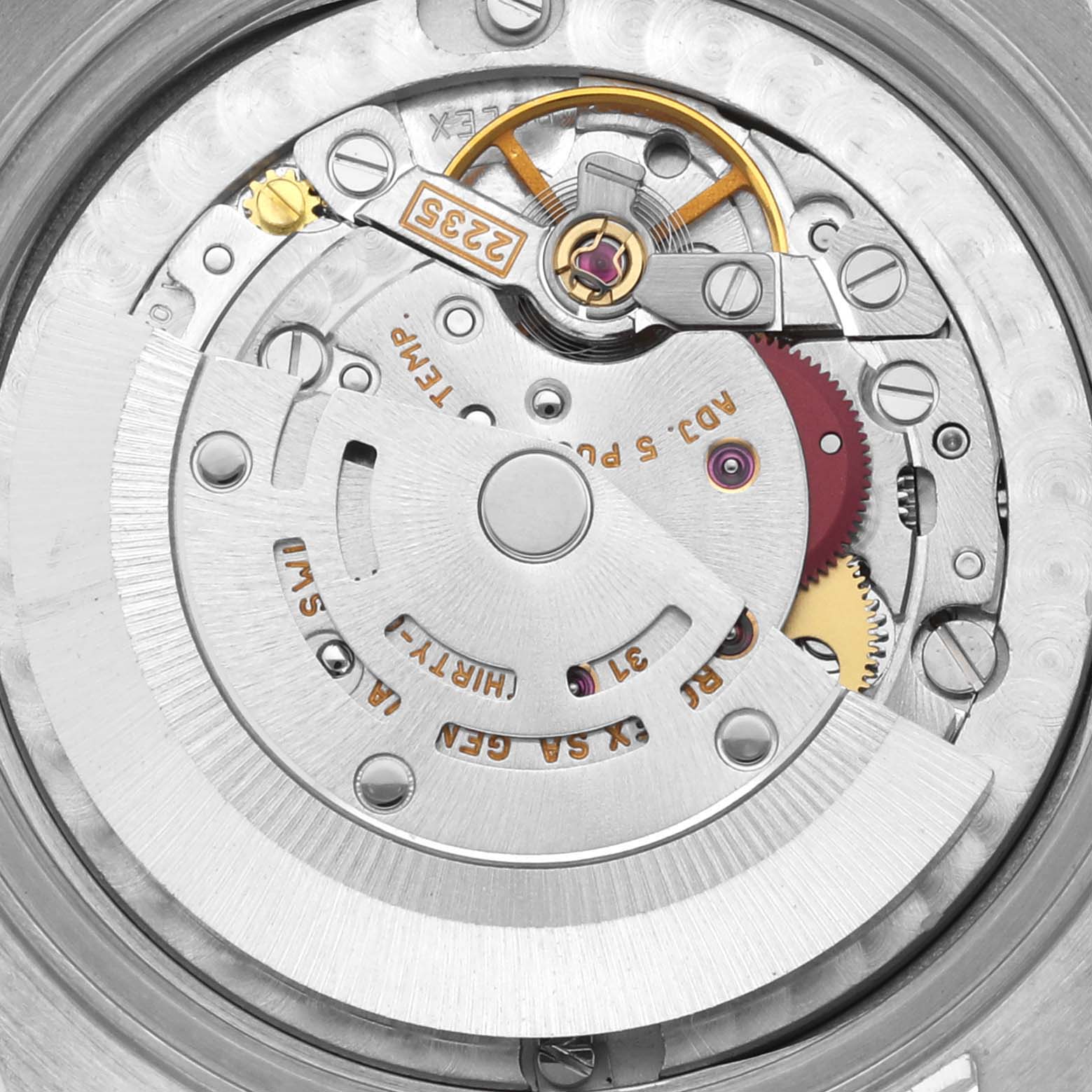 This image shows the internal movement mechanism of a Rolex Mid-Size 78274 Women's Stainless Steel Pink Dial 78274 Women's Stainless Steel Pink Dial model at a close-up angle.