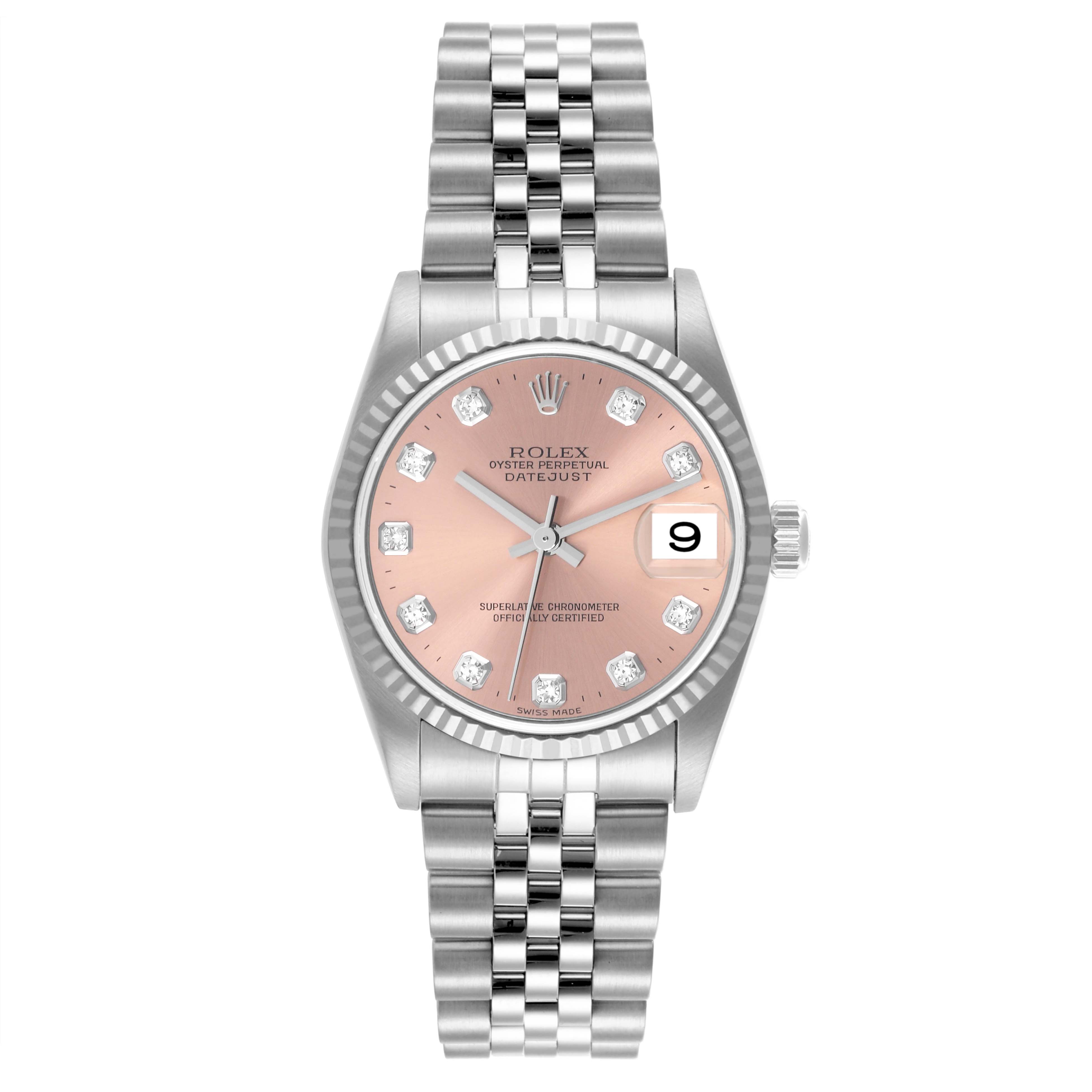 The Rolex Mid-Size 78274 Women's Stainless Steel Pink Dial 78274 Women's Stainless Steel Pink Dial watch is shown from the front, displaying the dial, bezel, bracelet, and crown.