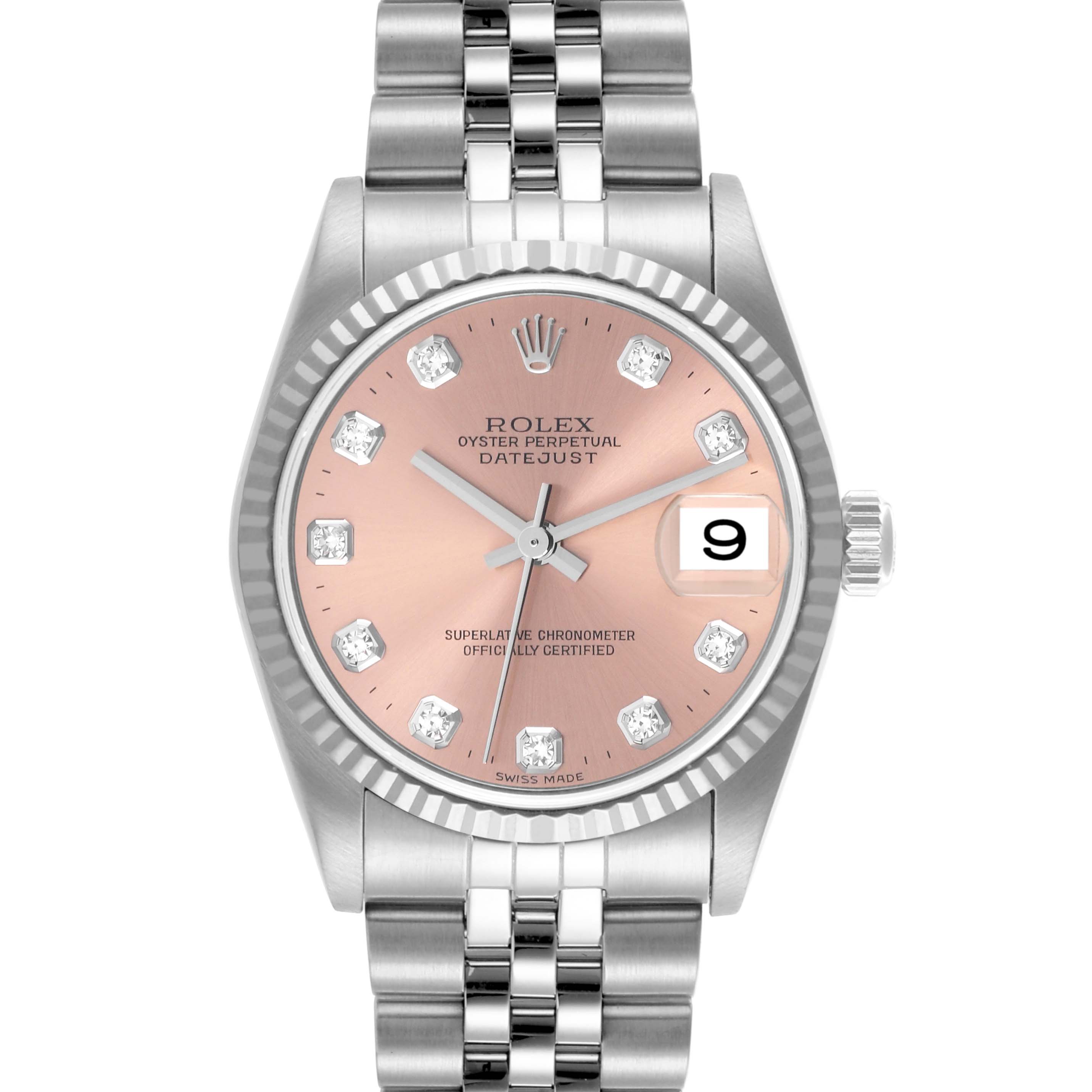 The Rolex Mid-Size 78274 Women's Stainless Steel Pink Dial 78274 Women's Stainless Steel Pink Dial Datejust is shown from the front, displaying the dial, bezel, crown, and part of the bracelet.