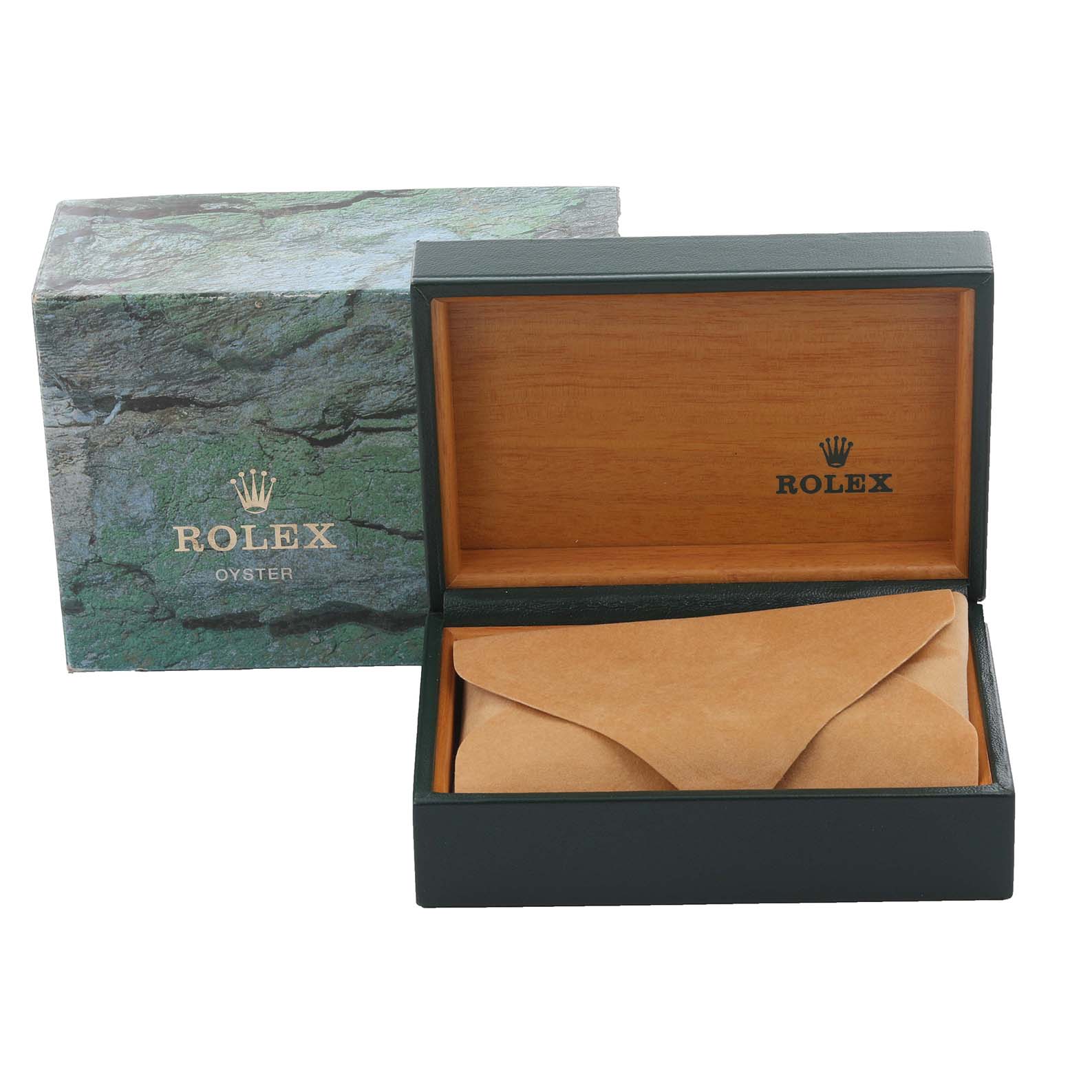 The image shows a Rolex Oyster watch box and pouch, suggesting packaging for a Mid-Size model by Rolex.