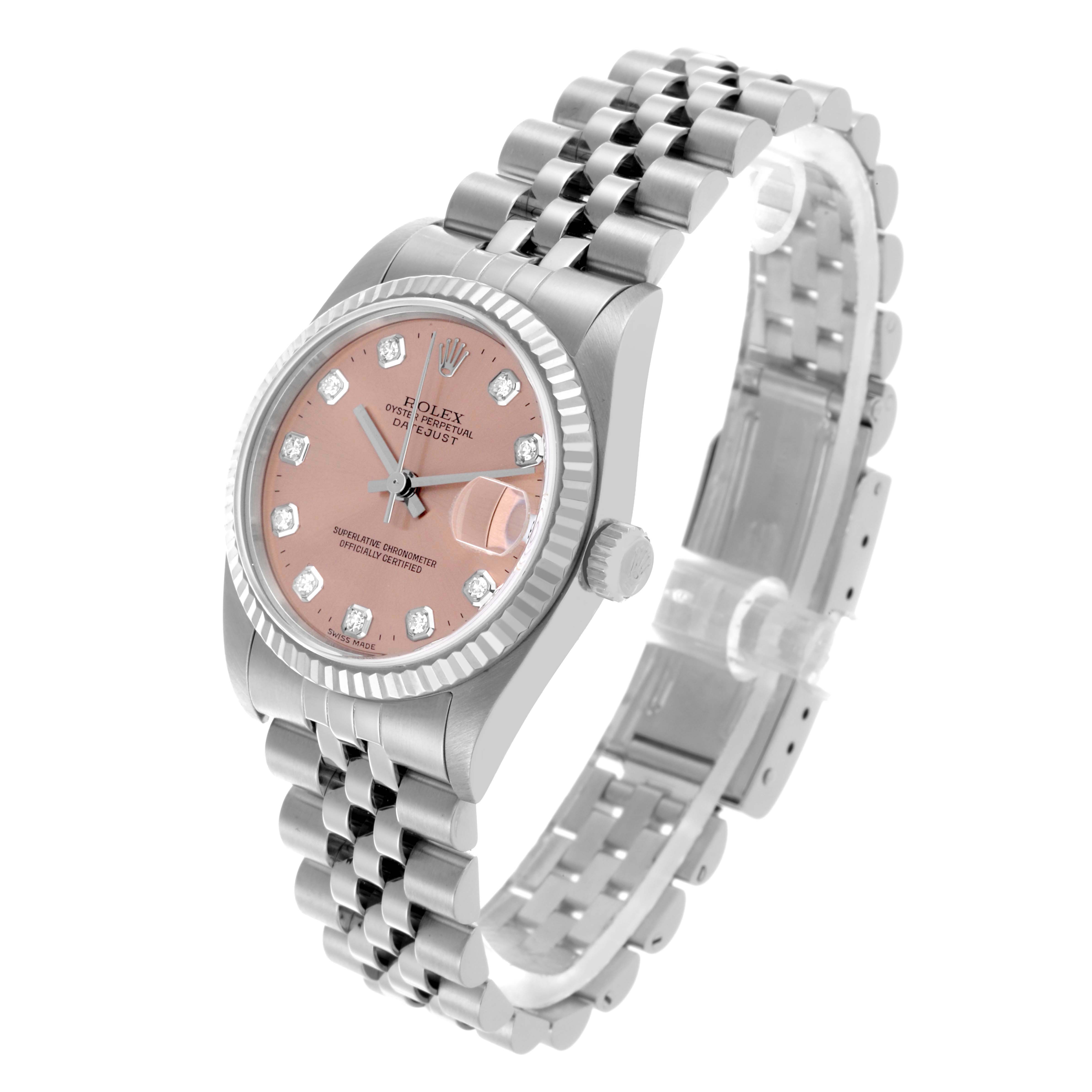 The Rolex Mid-Size 78274 Women's Stainless Steel Pink Dial 78274 Women's Stainless Steel Pink Dial watch is shown at an angled view displaying the face, bezel, and bracelet.