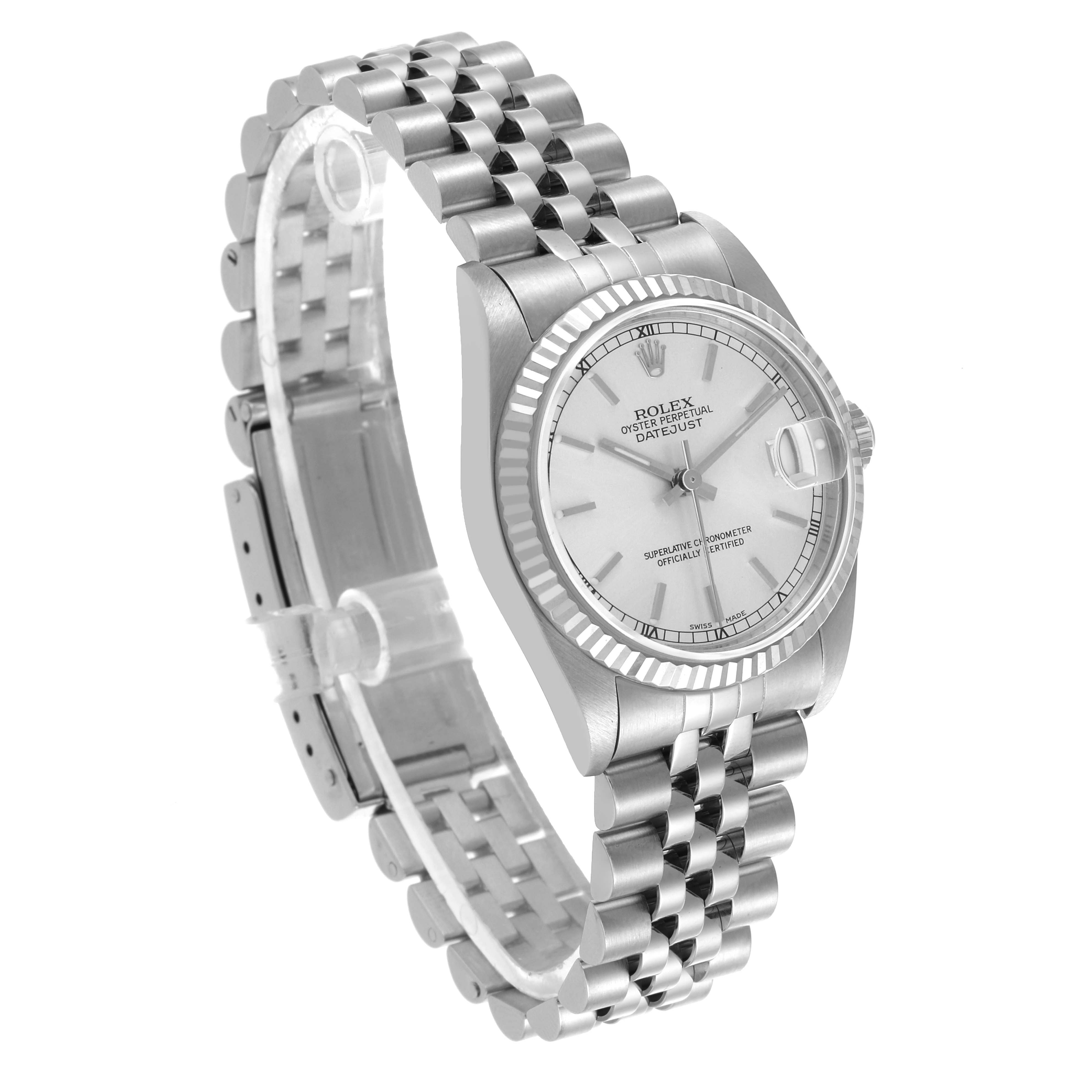 The Rolex Datejust 78274 Women's Stainless Steel Silver Dial 78274 Women's Stainless Steel Silver Dial watch is shown at a slight angle, featuring its face, bezel, and full bracelet.